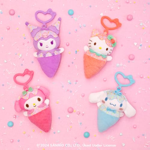 Hello Kitty and Friends 4-Pack Ice Cream Clip-On Plush Featuring Hello Kitty, Kuromi, My Melody, and Cinnamoroll with Unique Bow Clips
