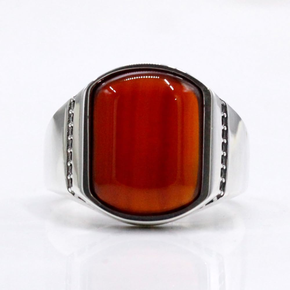 Fashion S925 Silver Ring Simple Smooth Design Men's Ring Set Small Zircon with Natural Curved Black Agate Luxury Türkiye Jewelry Christmas Gift (11, Red)
