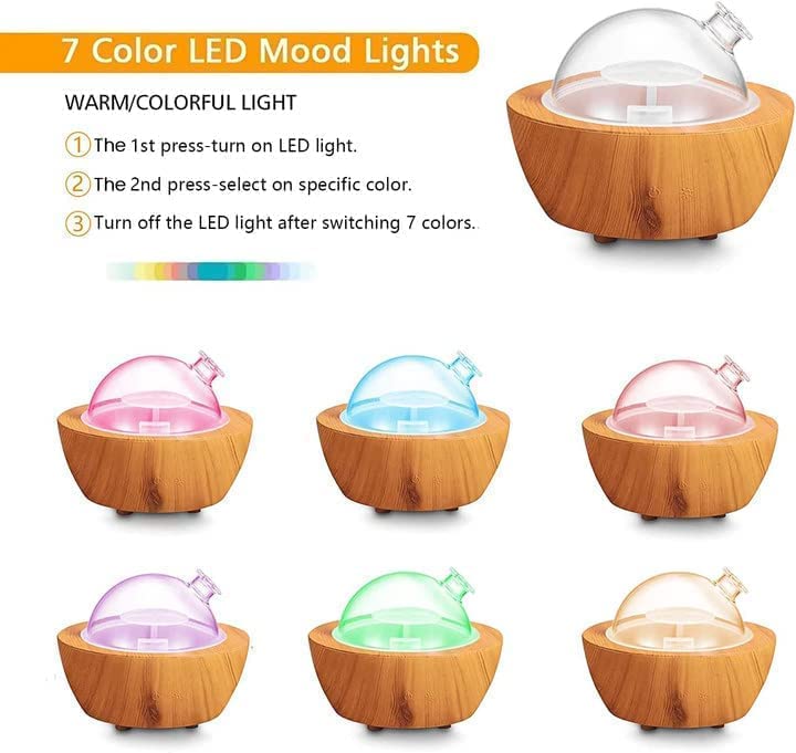 280ml Glass Essential Oil Diffuser Wood Grain Base Air Aroma Diffusers for Aromatherapy Cool Mist Humidifier with Safe Auto Shut-Off and 7 Color LED Night Lights for Home Office Room