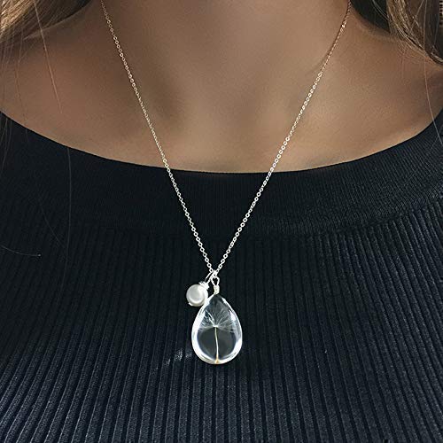 Popular Glass Dandelion Wish Pendant Necklace with Crystal Pearl Charm on 18 Inch Sterling Silver Chain, Beautifully Elegant Gift, by Aimee Tresor Jewelry