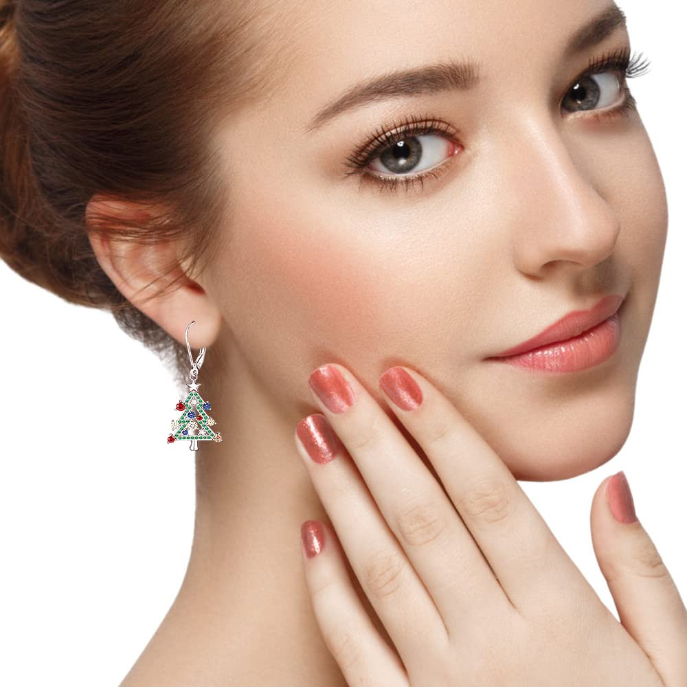 Sterling Silver Christmas Tree Earrings Leverback Dangle Drop Earrings for Women Holiday X-mas Christmas Tree Jewelry