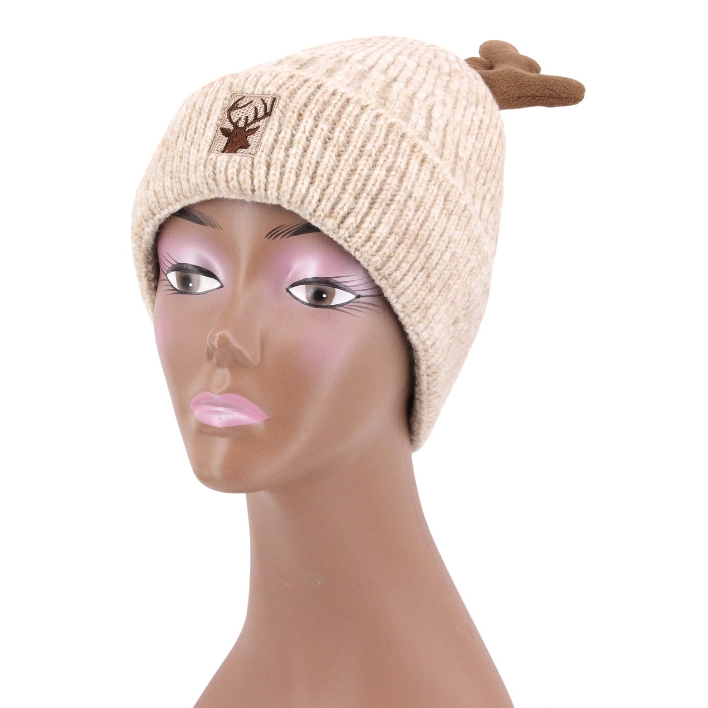 Haoohu Warm Cute Reindeer Antlers Knitted Hat Crochet Knit Cap Knitted Beanie for Adults Beige