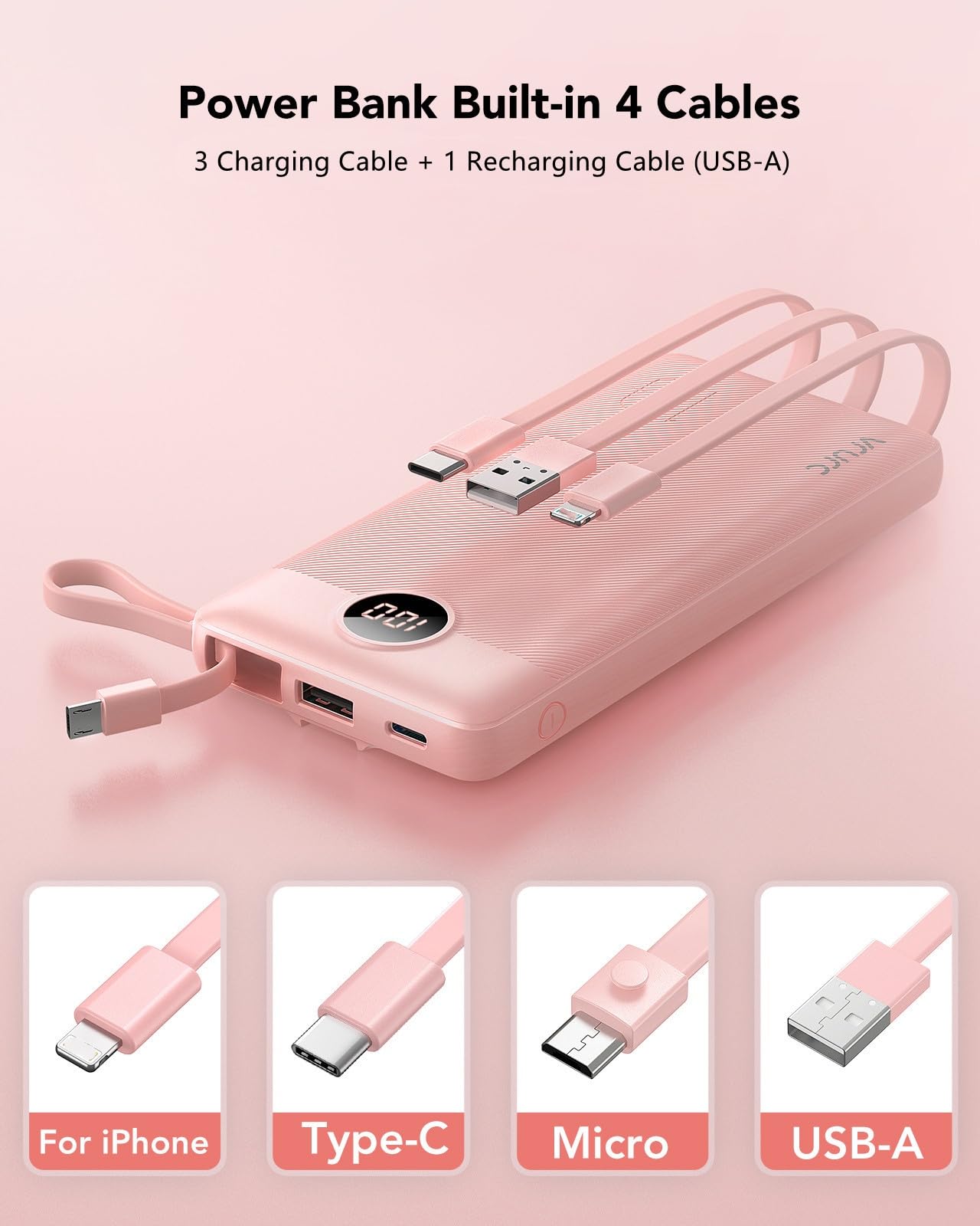 VRURC Portable Charger Power Bank, 10000mAh Travel Essentials Battery Pack, 5 Outputs 2 Inputs Slim Charging Bank Built-in Cables Cords Wires Compatible with iPhone,Samsung,Android-Pink(1 Pack)