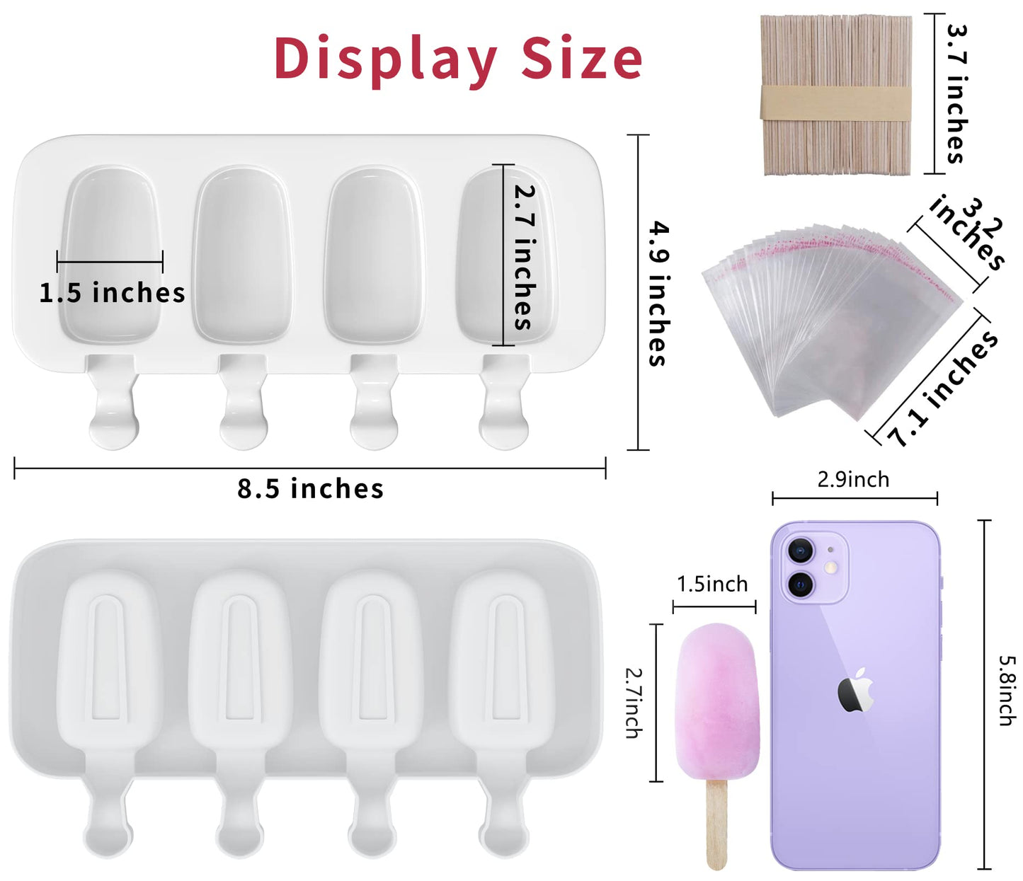 Popsicle Molds Set of 3, 12 Cavities Silicone Popsicle Molds & Ice Cake Pop Mold Maker Oval with 50 Wooden Sticks & 50 Self-adhesive Bags for DIY Cake and Ice Cream