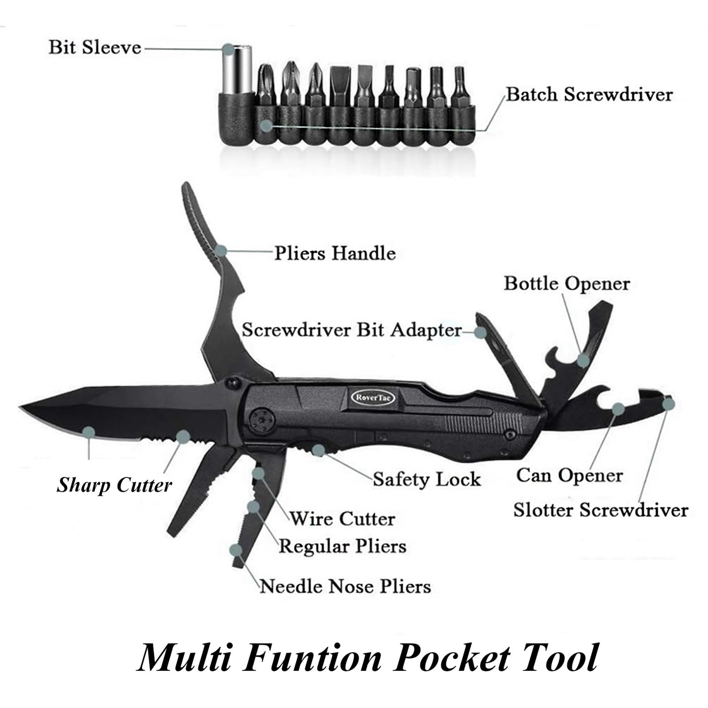 RoverTac Pocket Knife Multitool – 15-in-1 Folding Knife with Pliers, Screwdrivers & Bottle Opener – Multitool Knife with Safety Lock & Nylon Sheath for Camping, Hiking, Survival, EDC & Gifts for Men