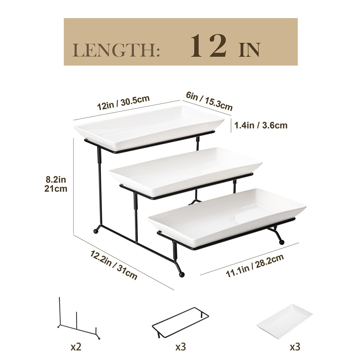 MALACASA 3 Tier Serving Trays for Party, Porcelain Serving Platters and Trays, 12 Inch Tiered Tray Stand, Fruit Tray, Trays for Serving Food, White Dessert Stand with Collapsible Sturdier Metal Rack