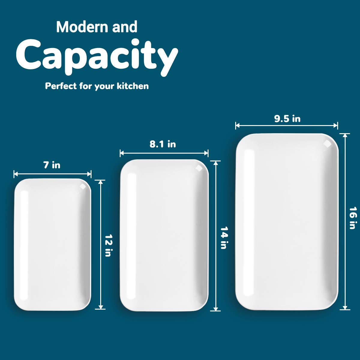 DELLING Large Serving Platter Set 16/14/12inch Large Serving Tray - Rectangular White Serving Trays for Party, Sushi, Oven Safe Dinnerware Set of 3, White