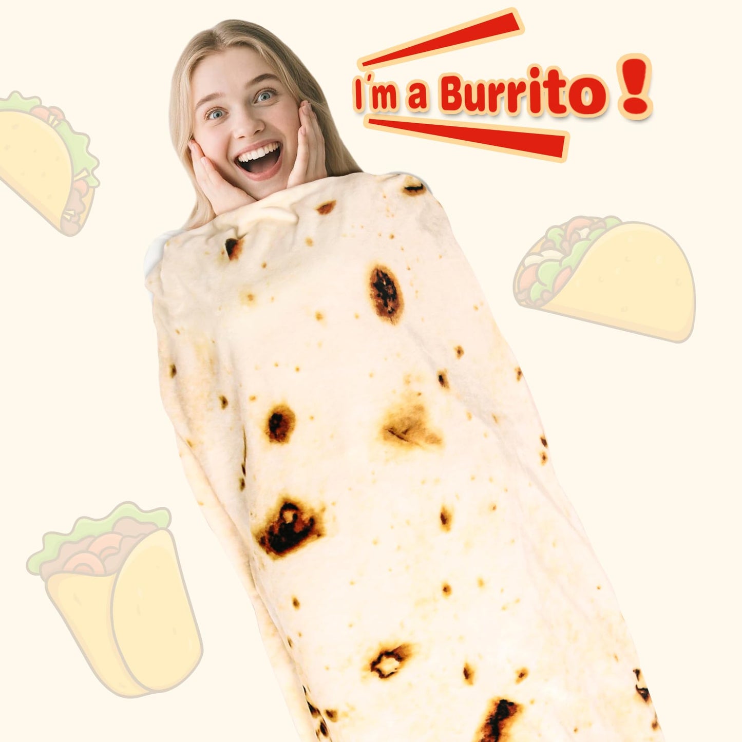 CASOFU Burritos Tortilla Throw Blanket, White Elephant Gift for Adults Teens Kid Men Women, 285 GSM Soft Flannel Realistic Taco Food Blanket Funny Birthday Gag Gift for Boy and Girl(Beige, 71 inches)