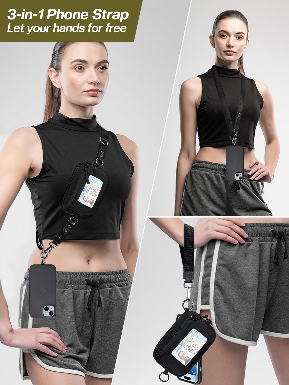 Tiostep Clip and Go Strap for Phone with Wallet Crossbody Phone Lanyard Adjustable and Detachable RFID Wristlet Wallet with ID Window and Zipper, Black