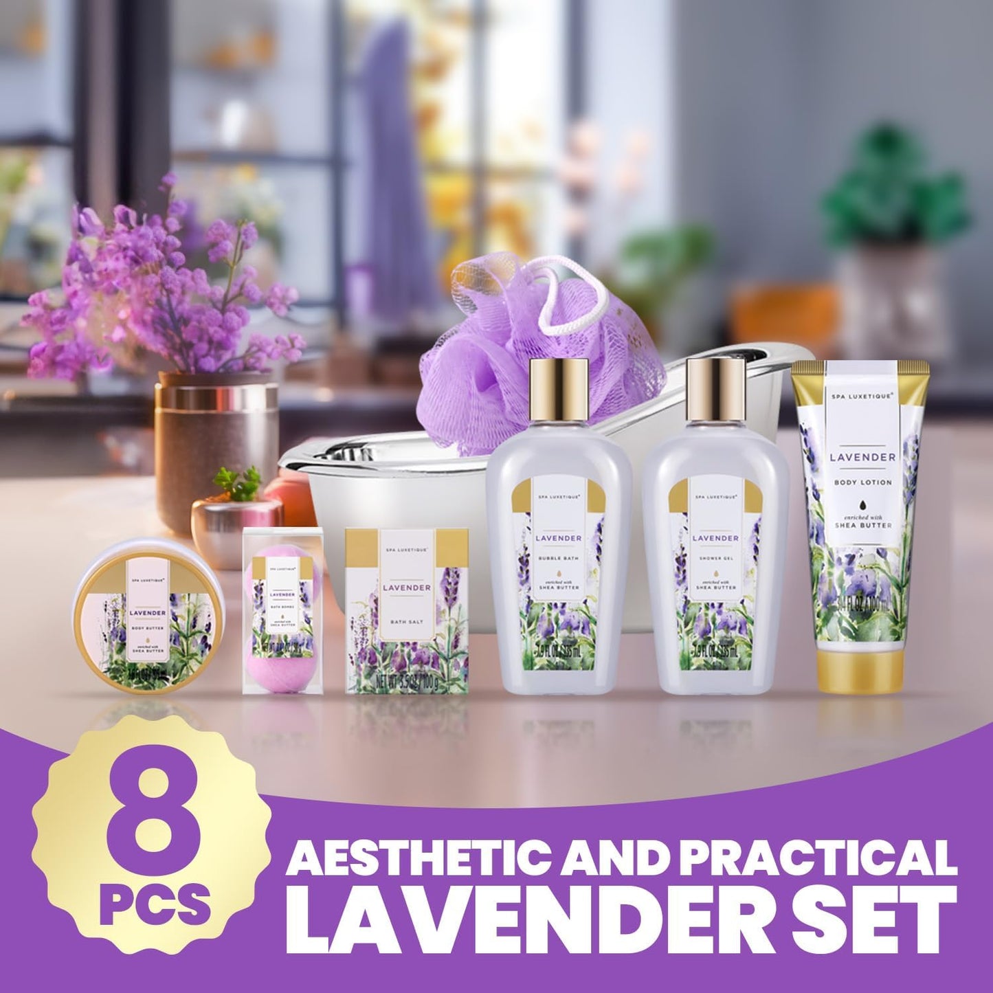 Spa Gifts for Women - Spa Luxetique Bath Baskets for Women, 8 Pcs Lavender Bath Sets with Bubble Bath, Lotion, Birthday Sets, Mothers Day Gifts for Mom