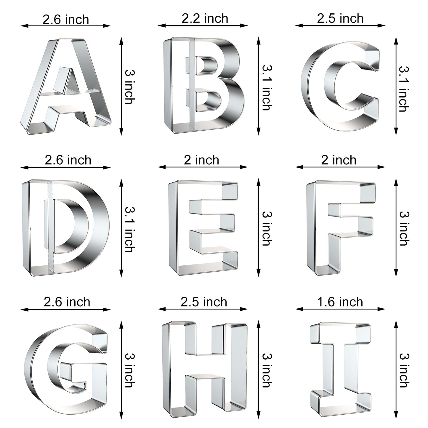 Alphabet Letter Cookie Cutters Shapes Large 3 Inch - 26 Pcs Stainless Steel Cookie Cutter Set Fondant Biscuit Fruit Dough Mold Tools for Birthday, Christmas, New Year and Holiday Party Decorations