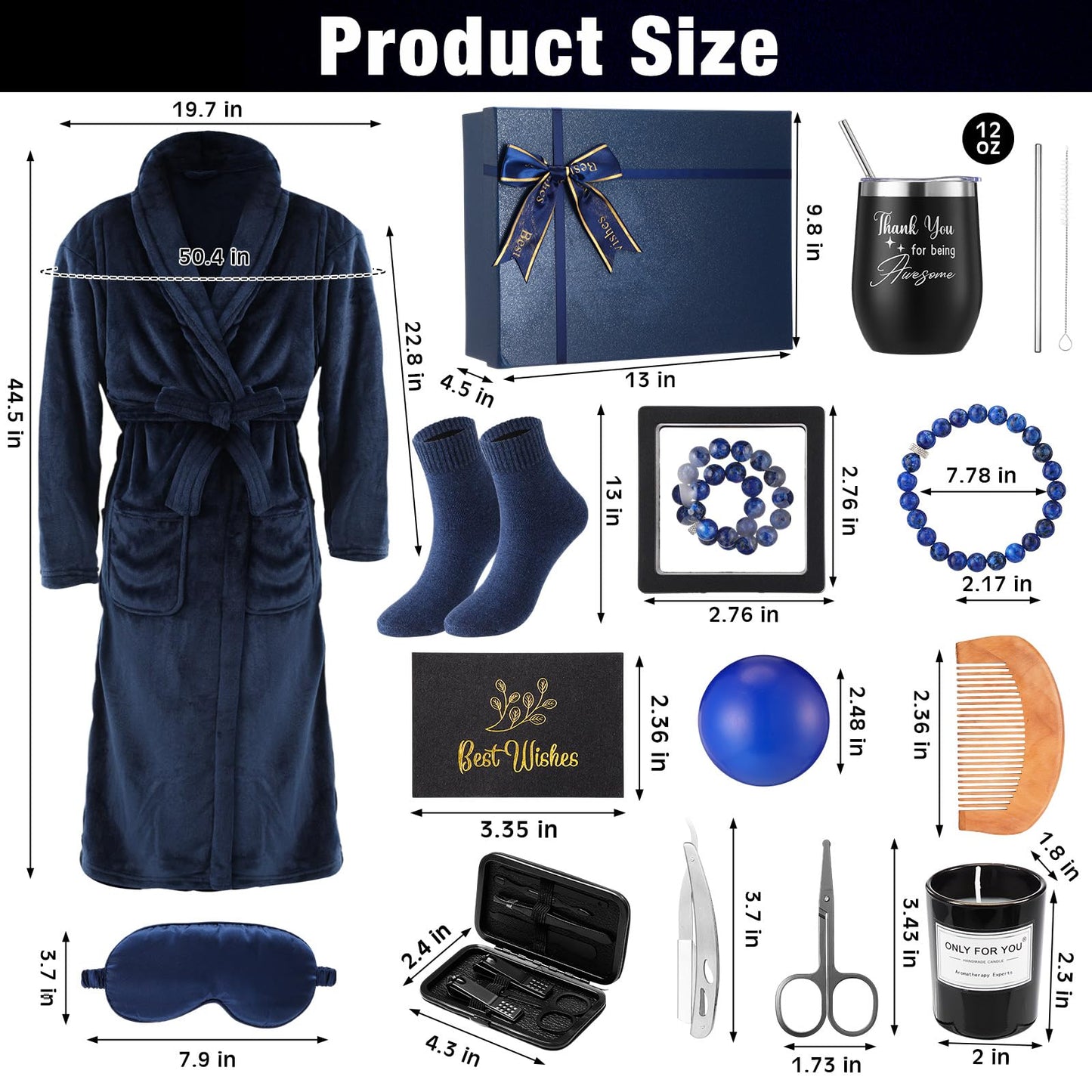 Nuogo 15 Pcs Birthday Gifts for Men Beard Care Set for Him Christmas Gifts Basket Ideas Kit for Men Tumbler Bath Robe for Dad Husband Boyfriend Box Christmas Gifts Baskets(Navy)