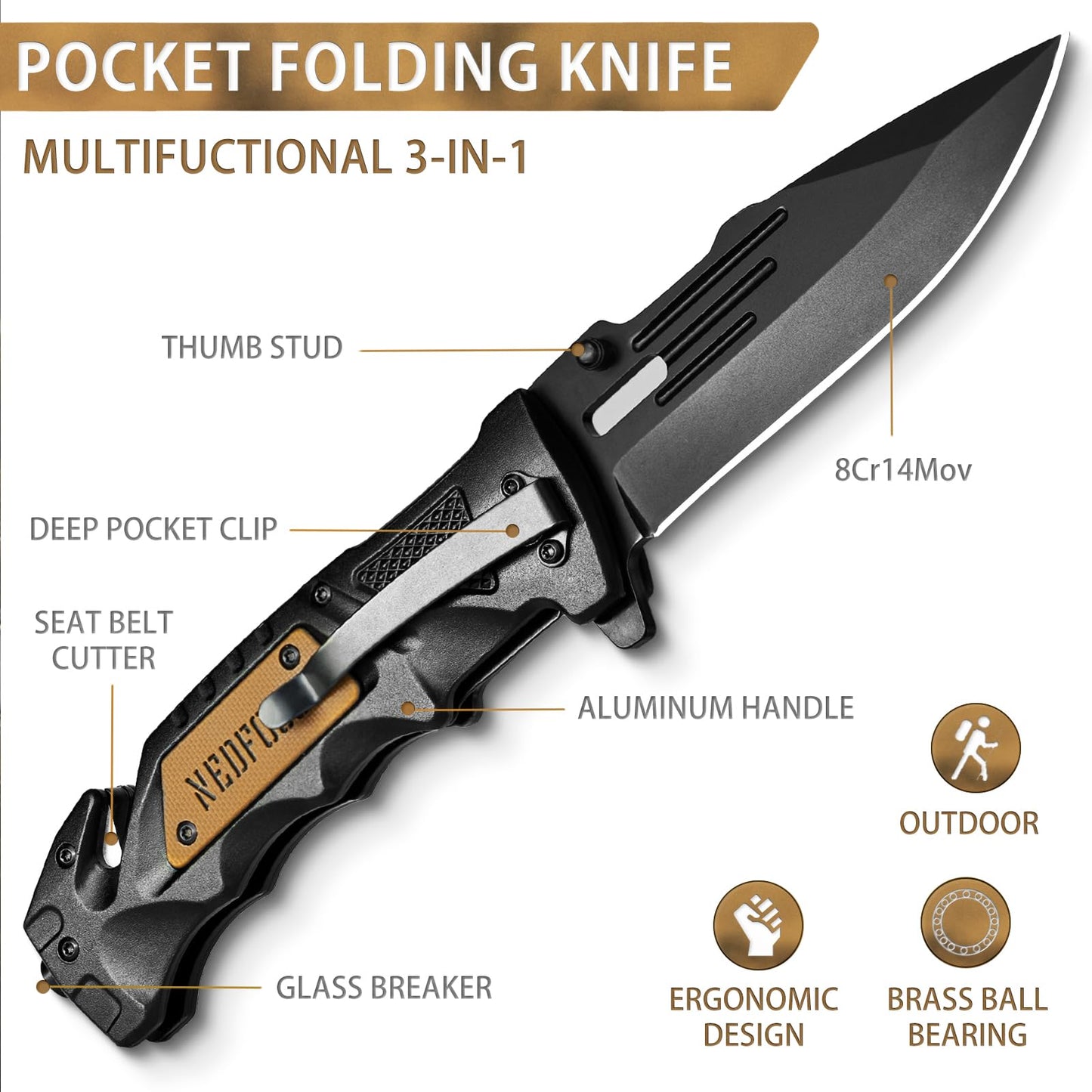 NedFoss Pocket Folding Knife DA75, 3 in 1 Pocket Knife for Men, Survival Knife with Liner-Lock Belt Clip, Seat Belt Cutter, Glass Breaker, Hunting knife for Camping Hiking