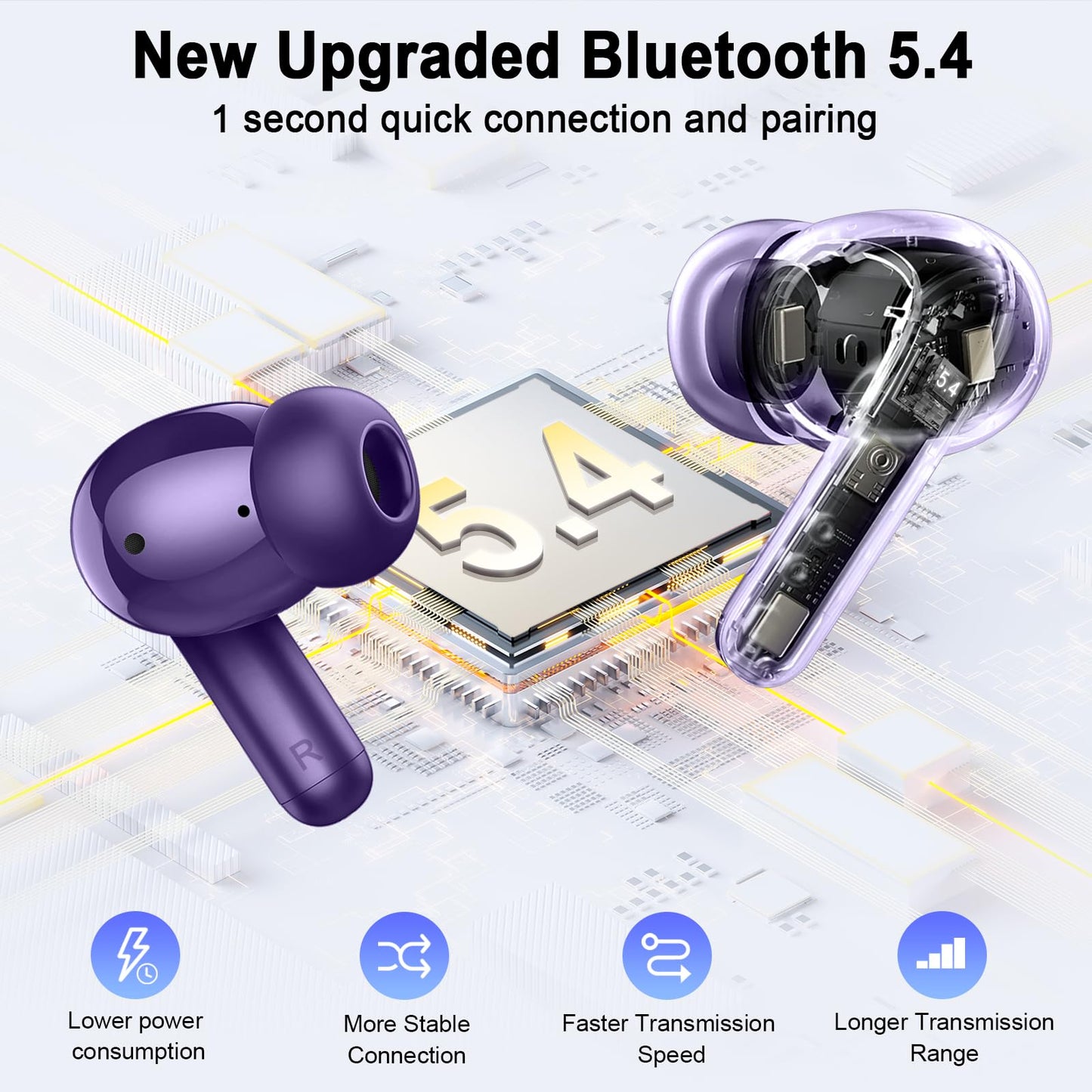 Wireless Headphones Bluetooth 5.4 Earbuds, 2025 Ear Buds Deep Bass Hi-Fi Stereo, 4 ENC Noise Cancelling Mic, 40Hrs USB Fast Charging in-Ear Earphones, IP-X7 Waterproof Workout Sport for Android iOS