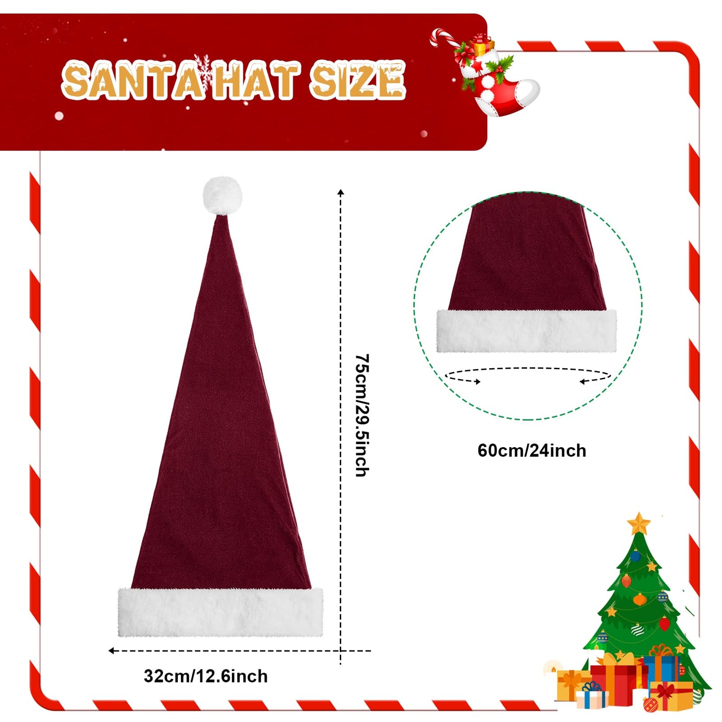 Funnysoft 2 Pcs Santa Hat Adults Unisex Velvet Christmas Hat Extra Thicken Classic Plush Holiday Hats for Adult Xmas Supplies(Burgundy,Long Style)