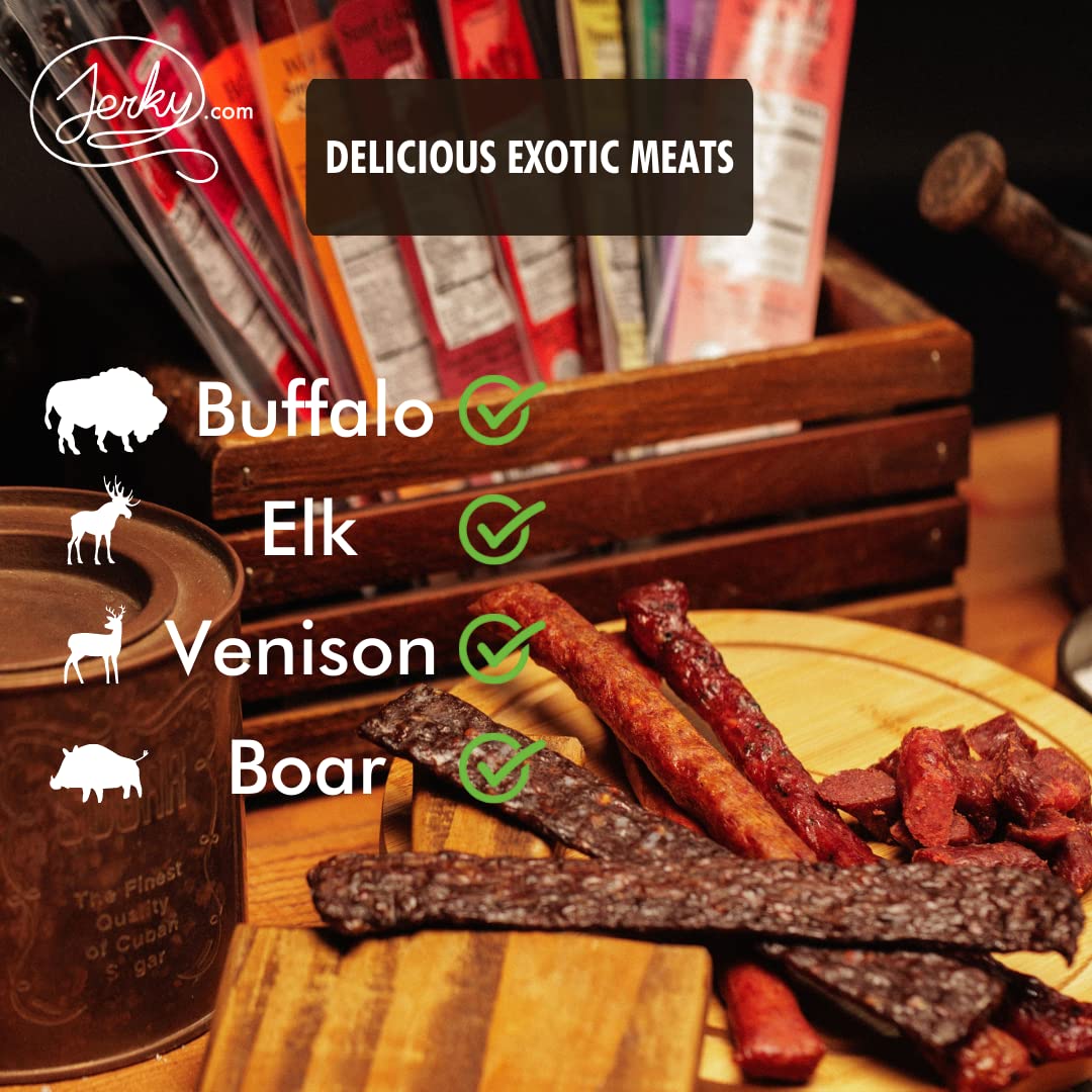 Jerky.com Exotic Meat Sticks Gift Bag | Wild Game Jerky Sampler with Venison, Elk & Wild Boar | 12pc High Protein Meat Snacks Variety Pack | Unique Gift Basket for Men, Dad, Hunters, Outdoorsmen