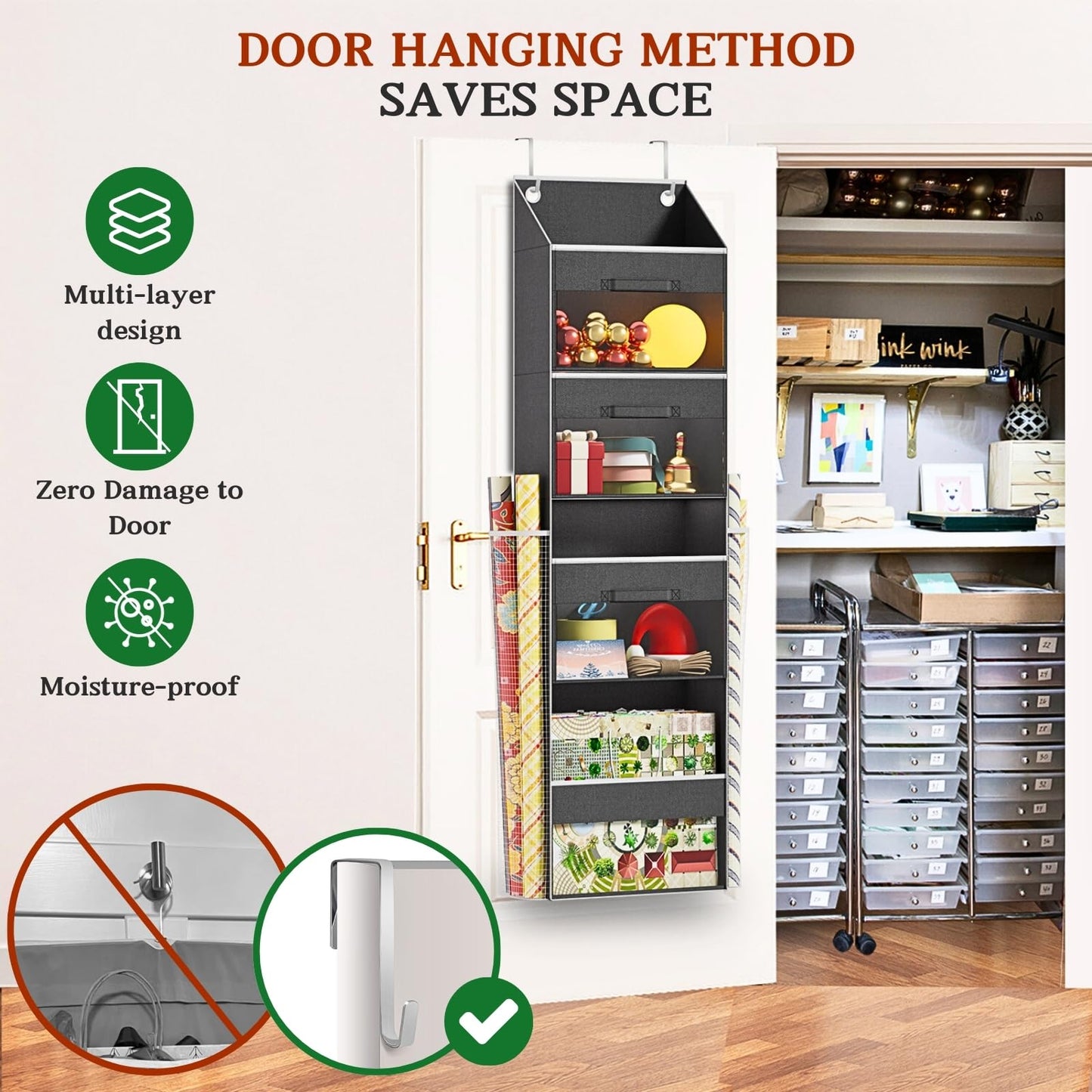 Over Door Wrapping Paper Organizer Storage with 3 Removable Drawers & Side Pockets – Dual Use Design with Elastic Straps – Christmas Gift Wrap Storage for Ribbons, Bows, Ornament and Other Tools