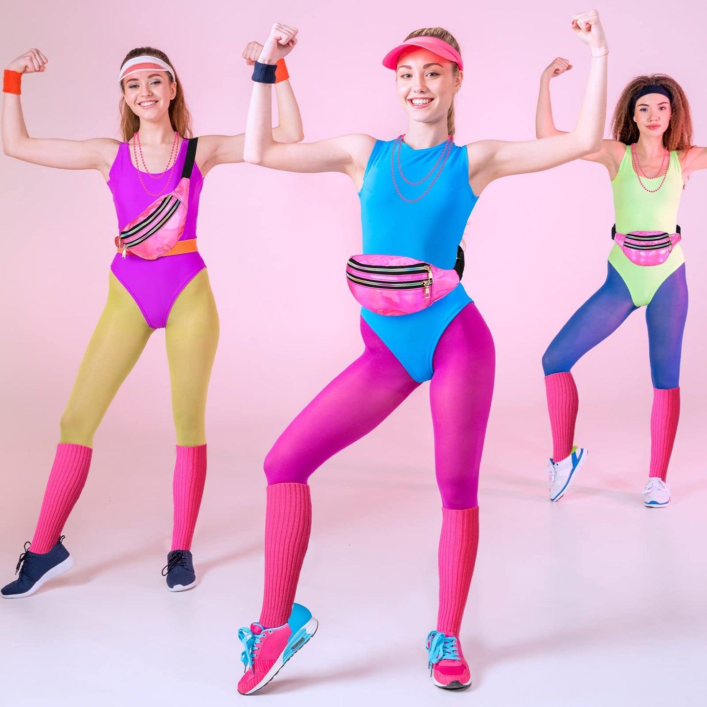 Handepo 19 Pcs 80s Costume Accessories Holographic Fanny Pack Leg Warmers Lace Headband Earrings Gloves Necklace Bracelet (Rose Red)