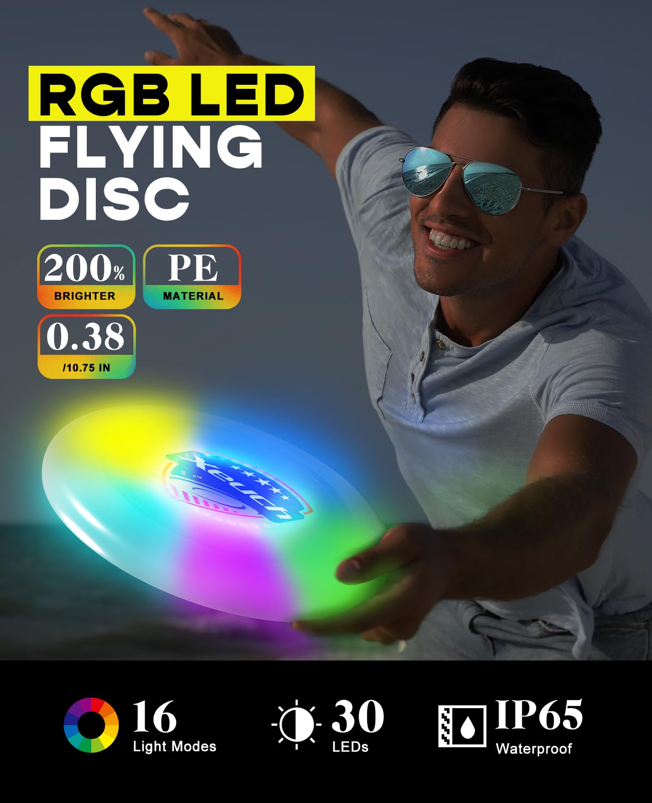 Xeuch 2 Pack Flying Disc, Glow Frisbee with 30 RGB LEDs, 16 Light Modes and 4 Brightness, 6-Hour Playtime, Built-in Timer & Sensor, 175g - Christmas, Birthdays Gifts for Men/Boys/Teens/Kids