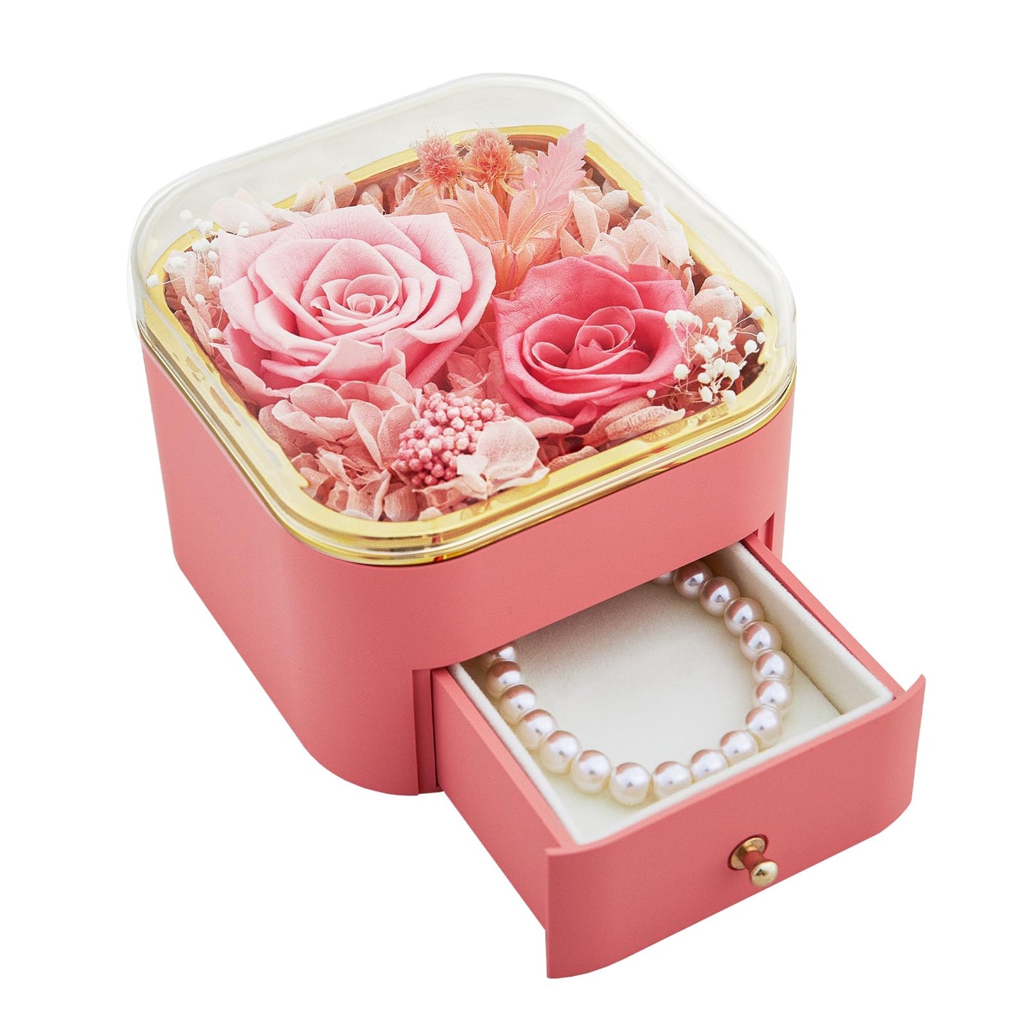 INYPTROPIC Preserved Real Rose with Pearl Bracelets Forever Flowers Jewelry Box for Mom Wife Girlfriend Grandma on Mothers Day Birthday Valentines Christmas Anniversary Beatiful Gifts for Women