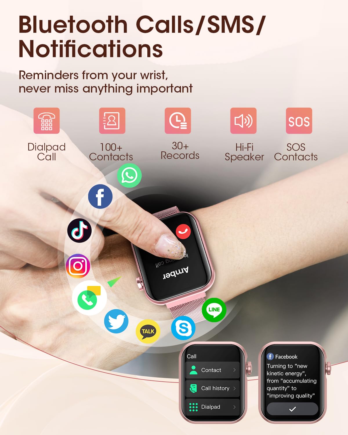 Smart Watches for Women, Fitness Tracker Watch for Sleep/Heart Rate/SpO2/Blood Pressure Monitor, 1.85'' Smartwatch for Android iPhone, Calls/SMS/Notifications, 100+ Sports Modes, 300+ Dials, 3 Bands