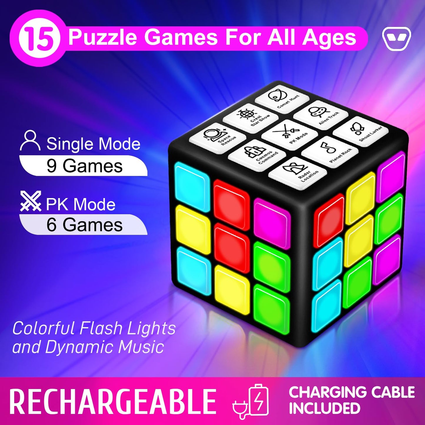 Xinbeiya Rechargeable Game Handheld Cube - 15 Fun Brain & Memory Game with Score Screen - Christmas Easter Birthday Gifts for Boys Girls Ages 6-12+ Years Old - Toy Gift Idea for Kids Teens (Black)