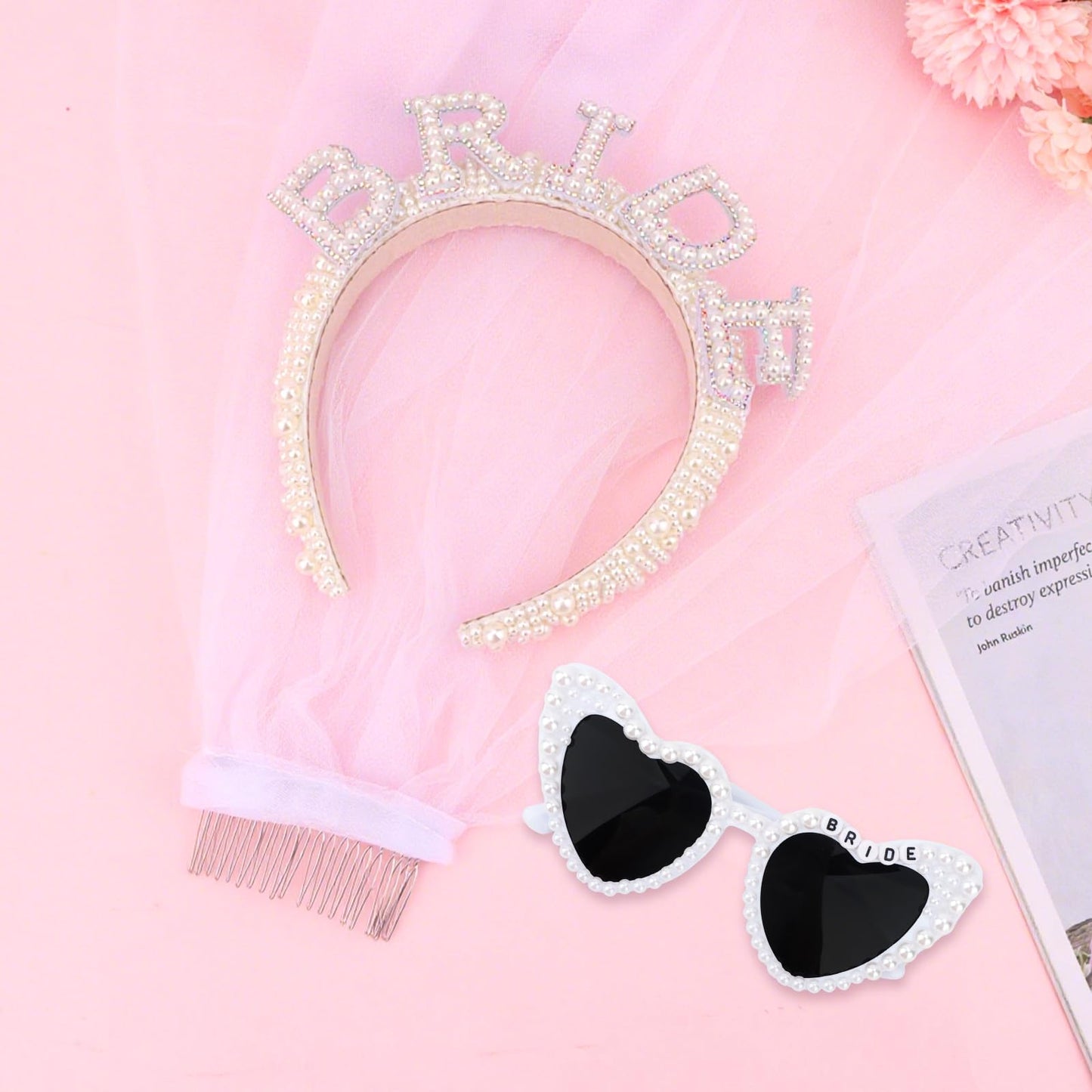 BAHABY Pearl Bride Headband with Veil + Heart Bride Sunglasses Set Bachelorette Party Decorations Bridal Shower Engagement Party Decorations