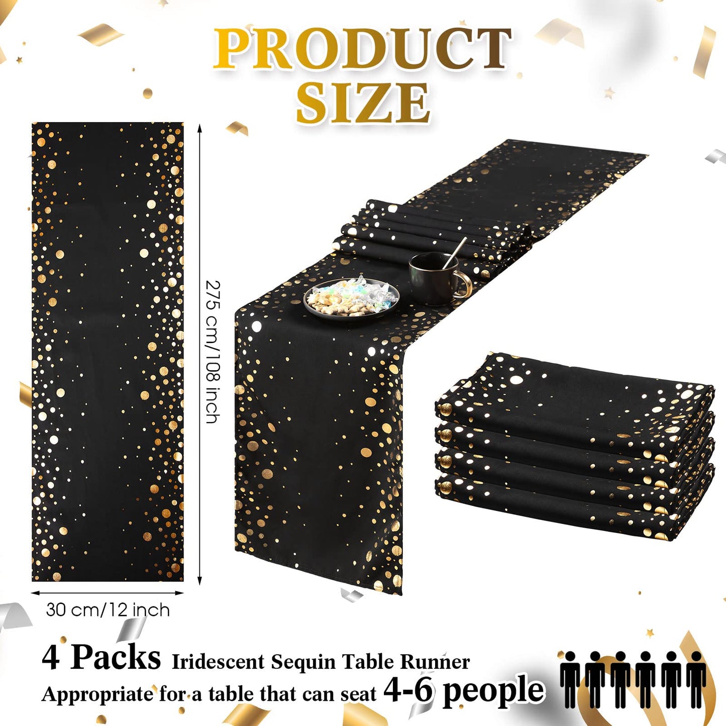 4 Pack Table Runner 12 x 108 Inch Sequin Rectangular Table Runners for Birthday Wedding Graduation New Years Party Decorations Black and Gold Decor(Black and Gold)