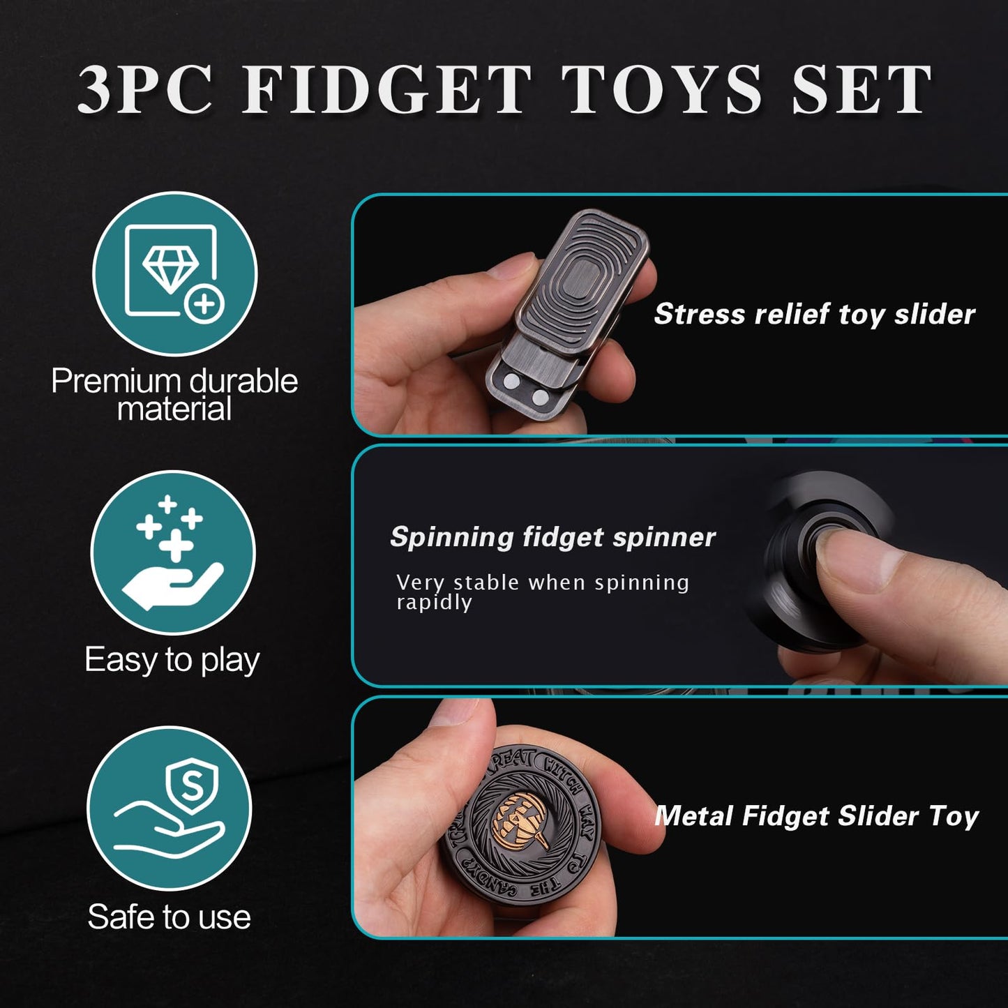 Fidget Toys Adults Set, Metal Fidget Slider, Spinner and Haptic Coin, Decompression Metal EDC Cool Figette Toys for Adults Anxiety Relieve Stress, Greater Focus, 3 Pack Black