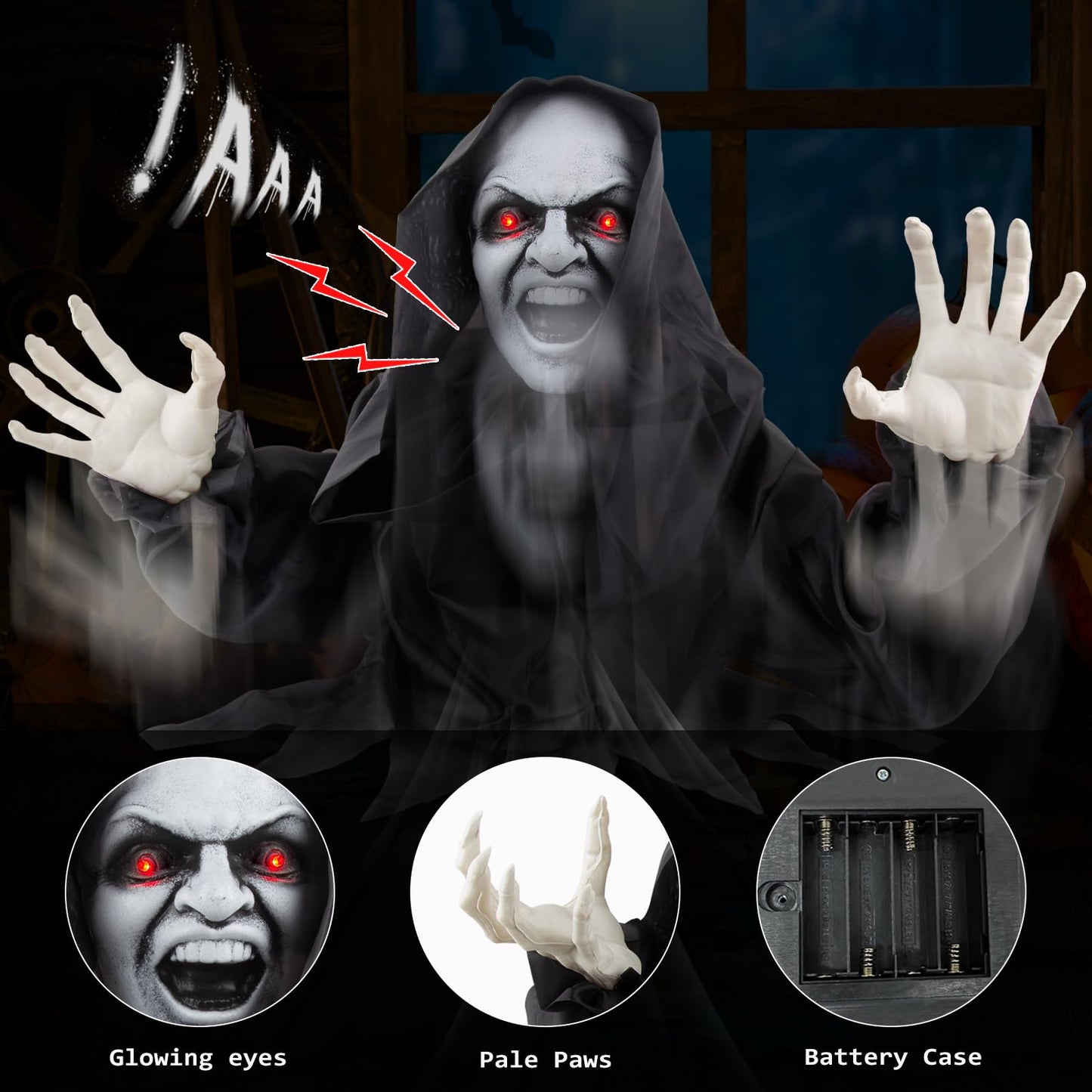 Halloween Animatronics Decorations - Scary Grim Reaper with Sound Activated, Creepy Sound, Light Up Eyes, Scary Motion for Halloween Indoor/Outdoor Yard Lawn Decoration, Haunted House Props