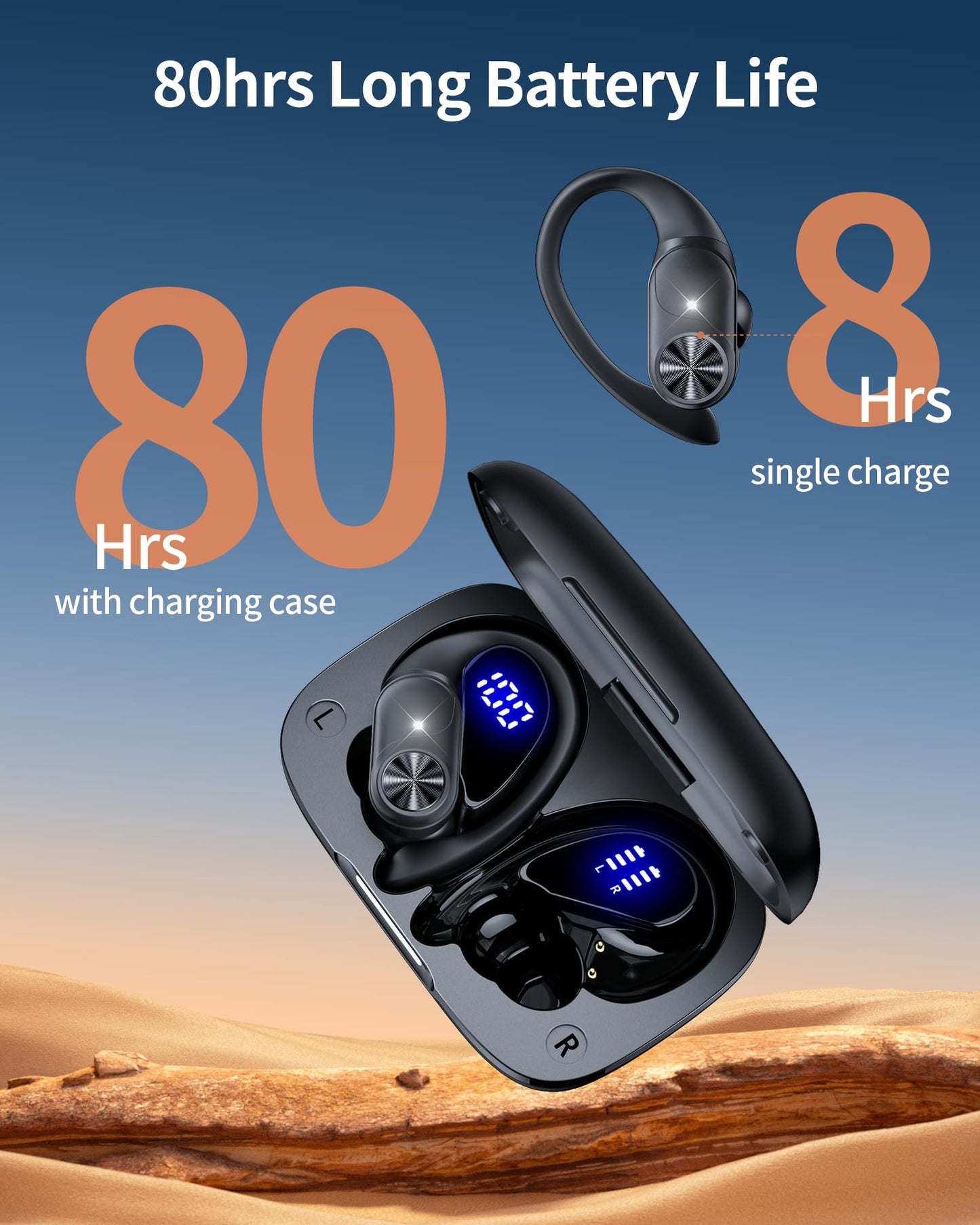 PocBuds Bluetooth Headphones Wireless Earbuds 80hrs Playtime Wireless Charging Case Digital Display Sports Ear Buds with Earhook Deep Bass IPX7 Waterproof Over-Ear Earphones for TV Phone Laptop Black