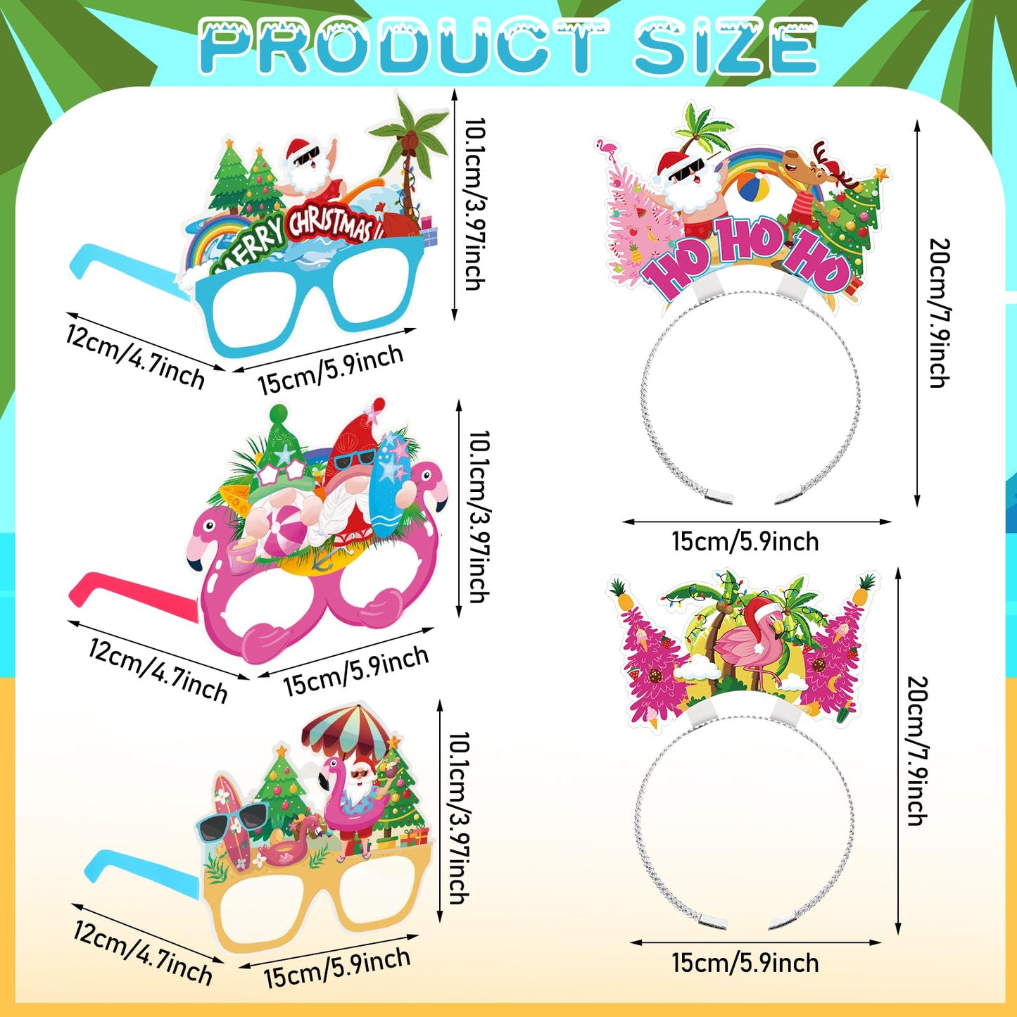 Yuxung 24 Pcs Christmas Party Favors, Summer Christmas Paper Eyeglasses and Headbands, Hawaiian Party Supplies Photo Booths Tropical Beach Santa Holiday Decorations