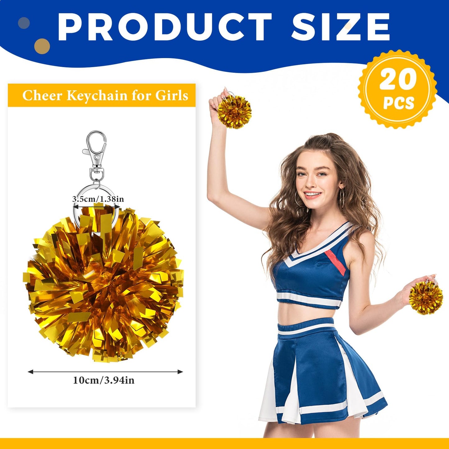 Remuuly 20 Pcs Cheer Pom Pom Keychain Cheerleader Gifts Cheerleading Keyring Charm Foil with Keychain Hooks for Women Accessories (Dark Gold)