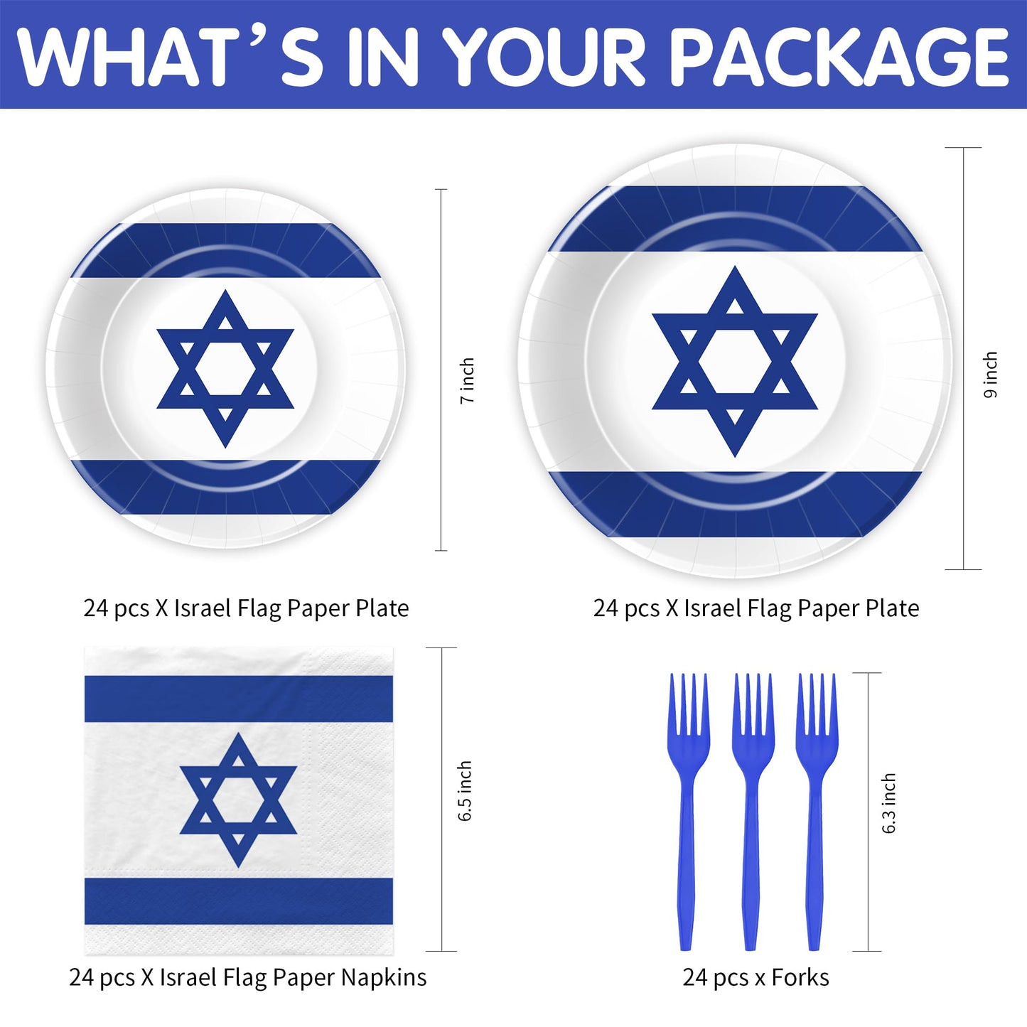 FVABO Israel Flag Party Decorations Tableware, Israeli Flag Party Supplies, Paper Plate, Napkin, Fork, for Israeli Independence Day or Jewish Patriotic Holiday, Serves 24