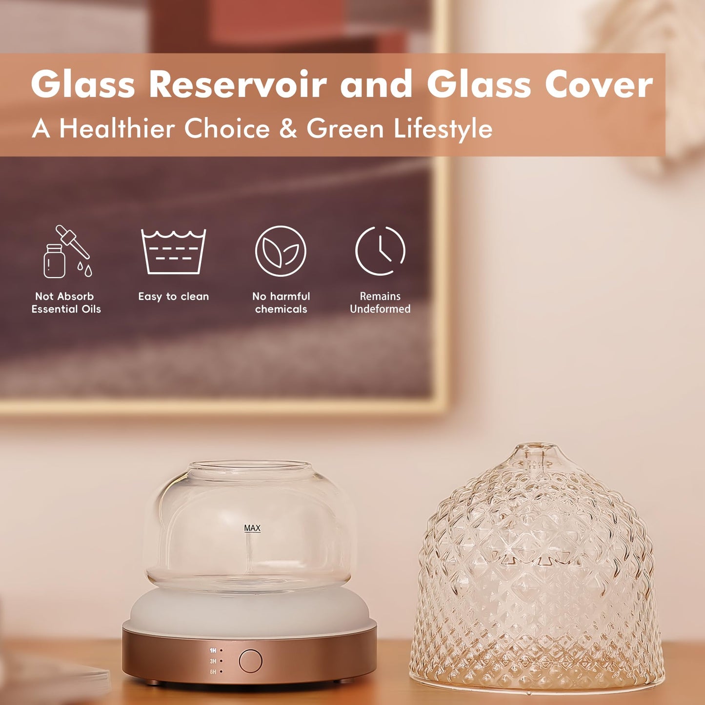 200ml Glass Reservoir Essential Oil Diffuser with Glass Dome Ultrasonic Aromatherapy Diffuser with Four Timer Colorful Light Auto-Off for Gift Home Office Bedroom