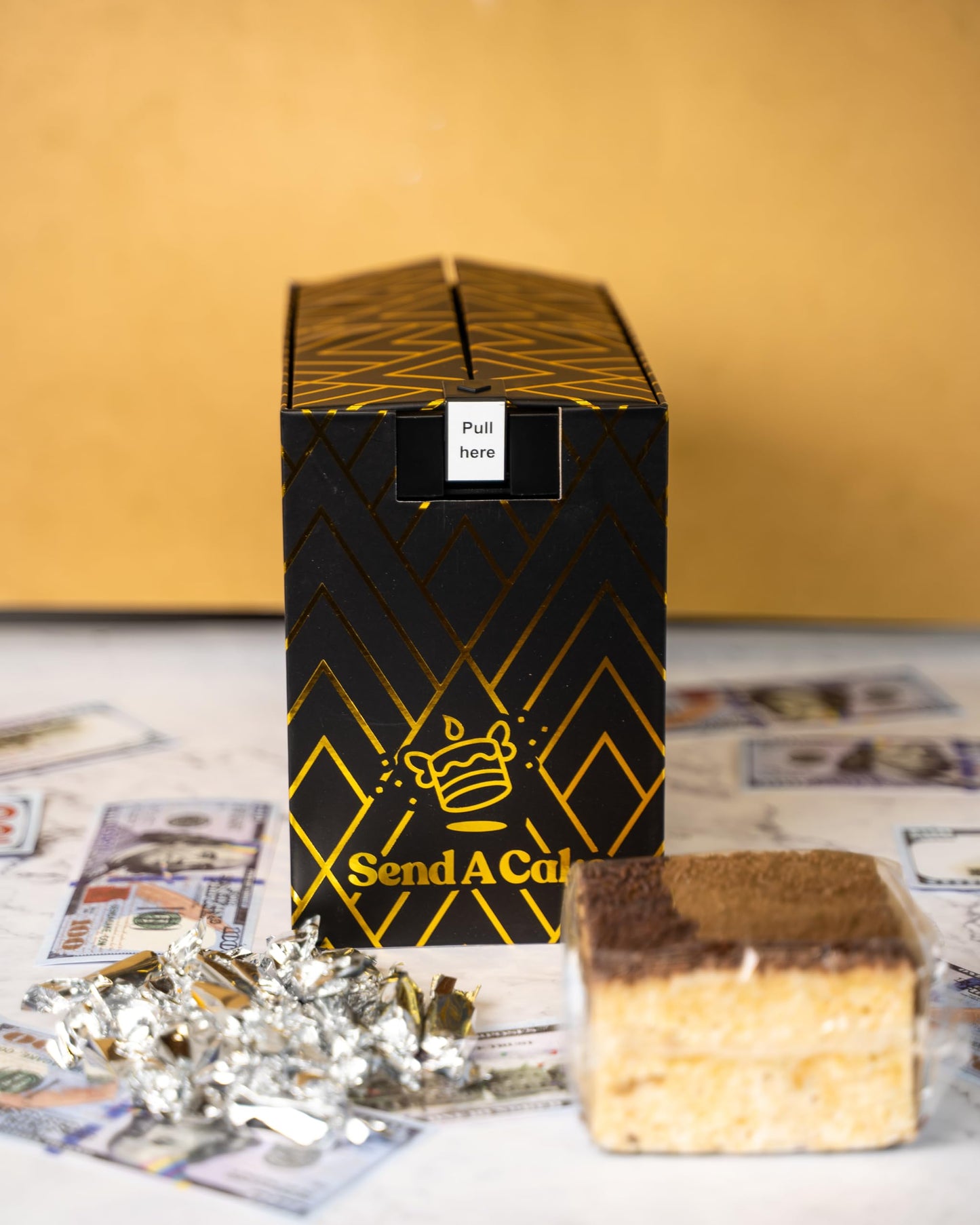 Luxe Billionaire Box featuring Shooting Birthday Bills. Ready to Gift, No Assembly Required with Music, Sweet Caramels & Delicious 3" Chocolate Sprinkle Crispy Cake for Delivery โ Birthday Gift for Women, Men, Sister, Mom, Dad, Best Friend, Adults, Kids