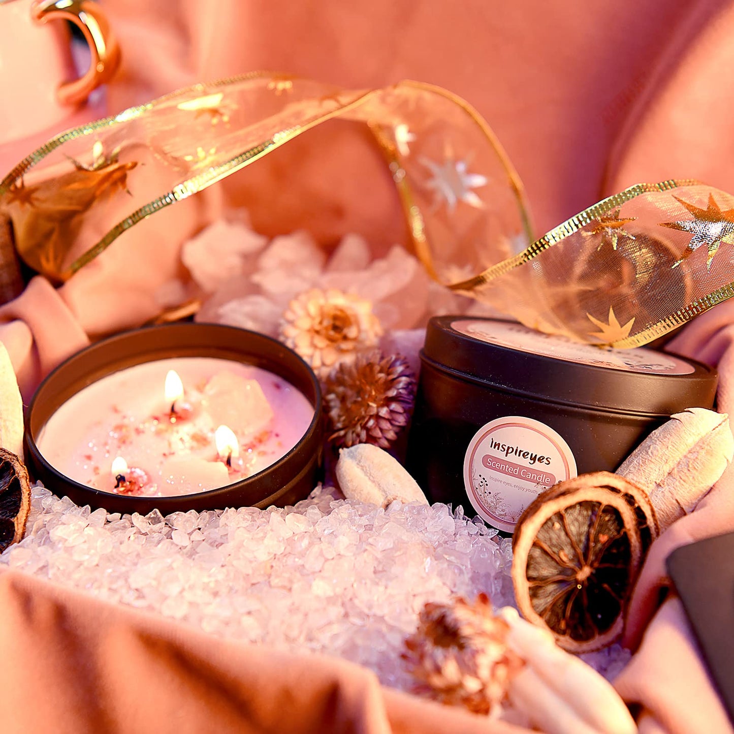 Inspireyes Scented Candles Set with Crystal, 3 Wick Candle 19 oz Soy Wax Aromatherapy Meditation Candles, Large Manifestation Candle with Large Energy Stones, Birthday Gifts for Women