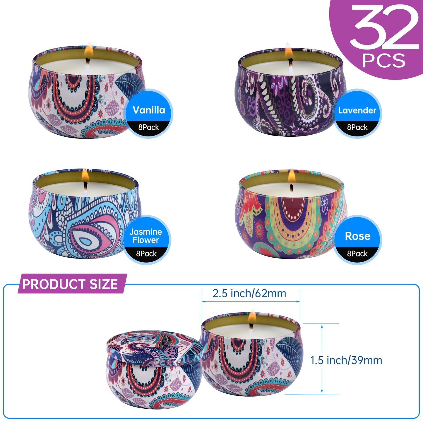 kedtui Scented Candles Gift Set, 32 Pack Aromatherapy Candle, Natural Soy Wax Travel Tin Candles for Home Scented, Ideal for Christmas, Birthday, Thanksgiving, Valentines Day Gifts