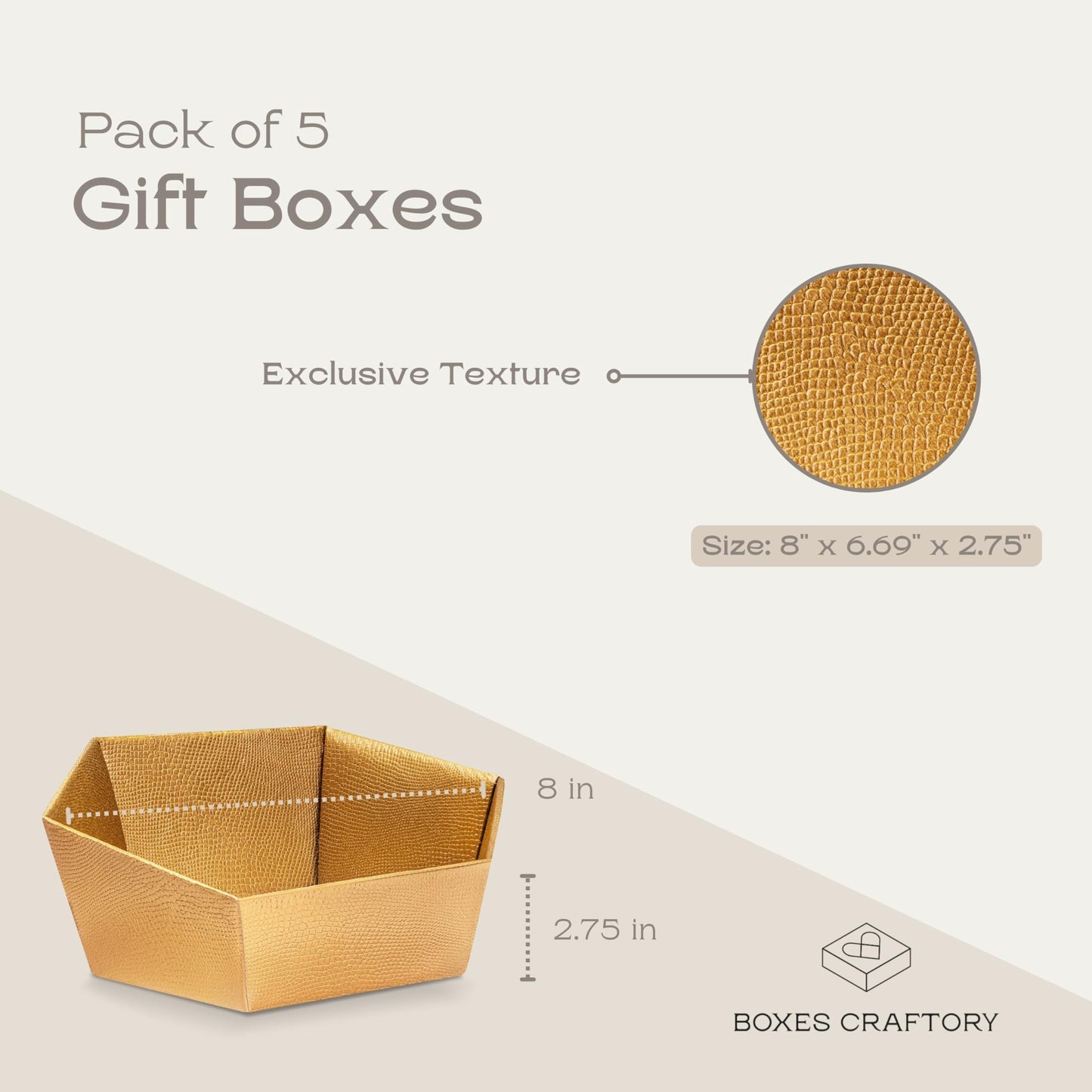Boxes Craftory Pack of 5 Empty Baskets for Gifts - Containers Ideal for Christmas and Wedding - 8" x 6.69" x 2.75" Gold