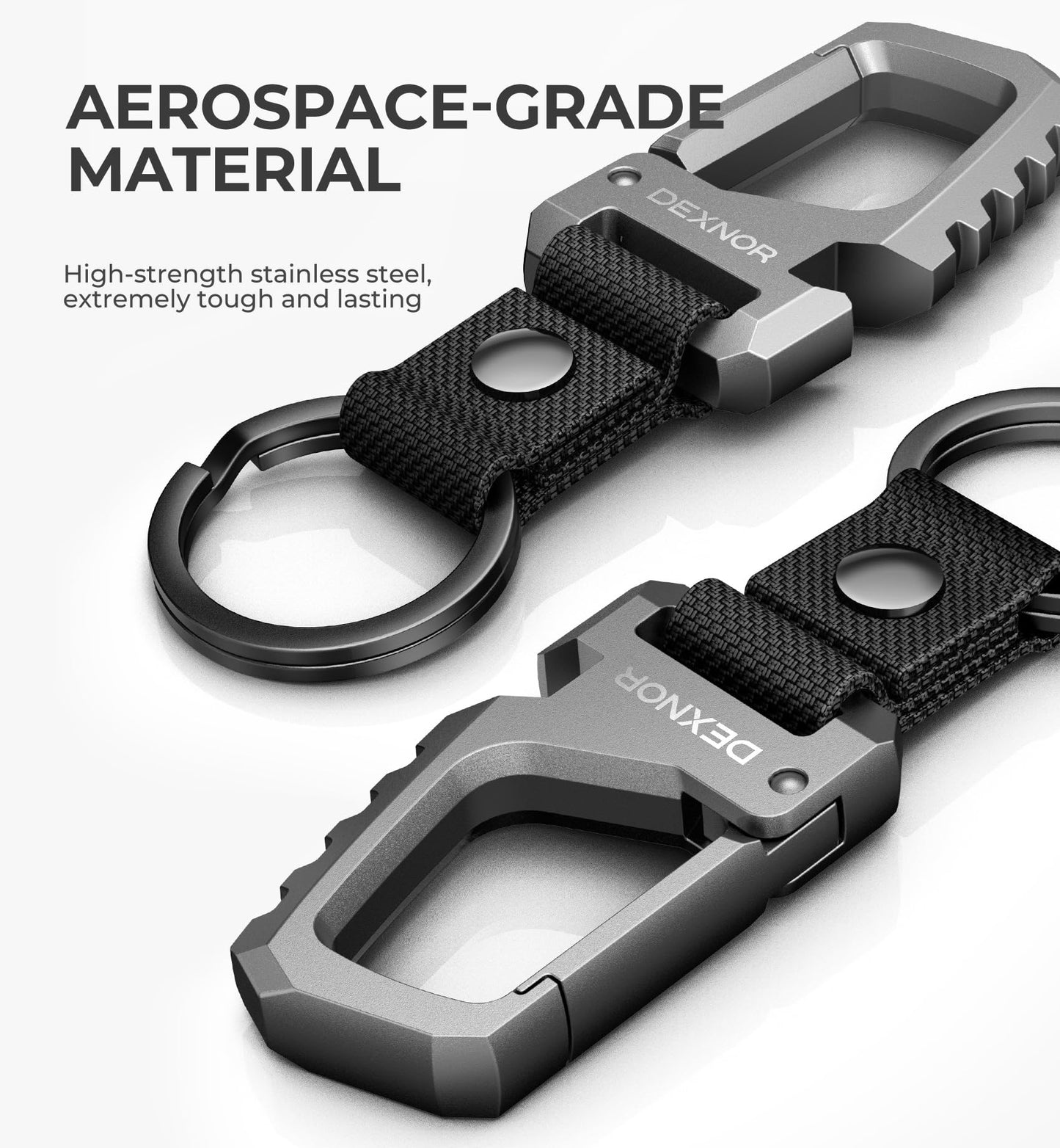 Dexnor Heavy Duty Key Chain Bottle Opener, Carabiner Key Ring Clip Aerospace-grade Stainless Steel Car Key Fob Holder Organizer EDC Keychain Keyring Accessories for Men and Women Black