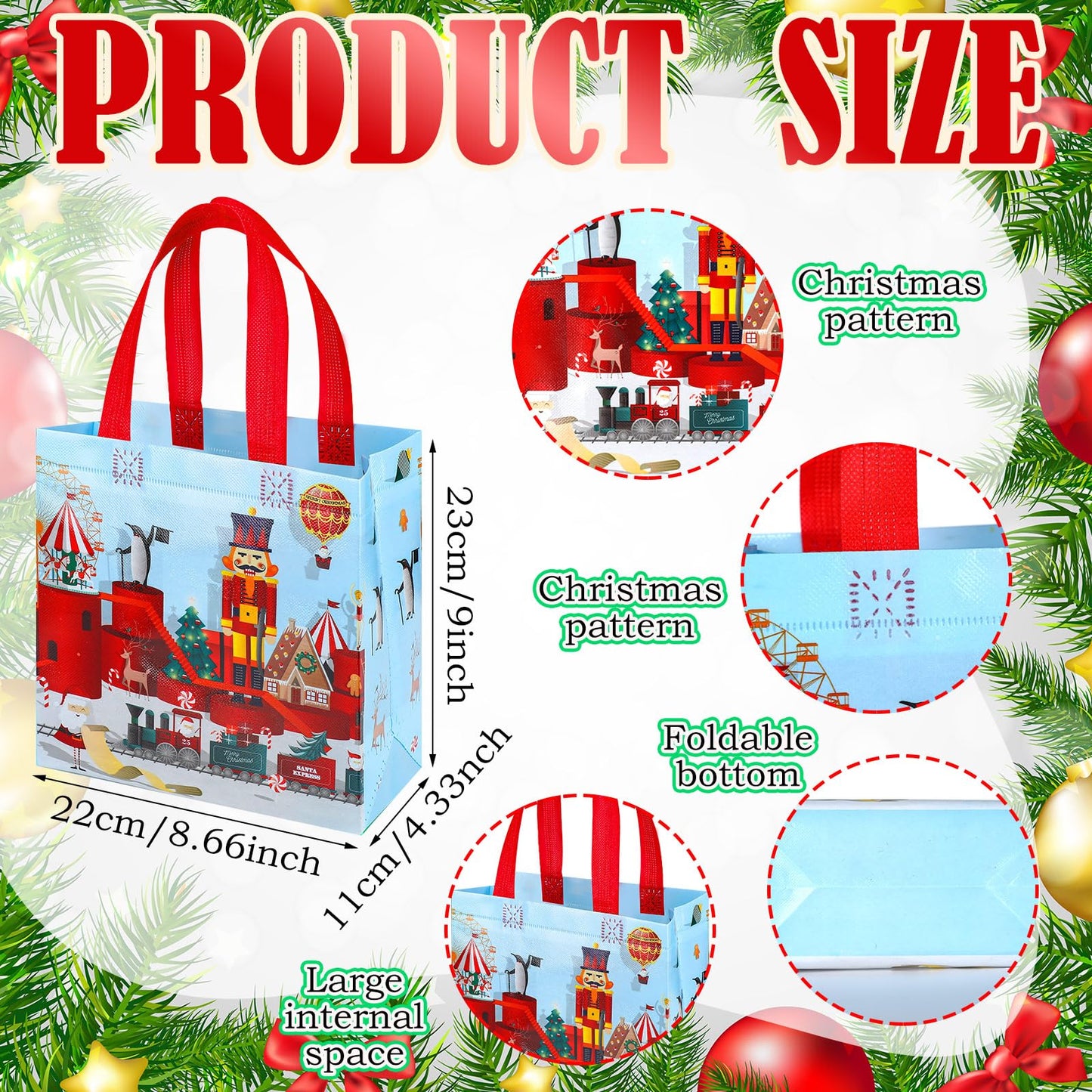 Chapou 100 Pcs Christmas Gift Bag Bulk Reusable with Handles 9.06 x 8.66 x 4.33 in Xmas Tote Bags Snowman Santa Claus Non Woven for Shopping Goodies Retail Business Treat Holiday Party Supplies