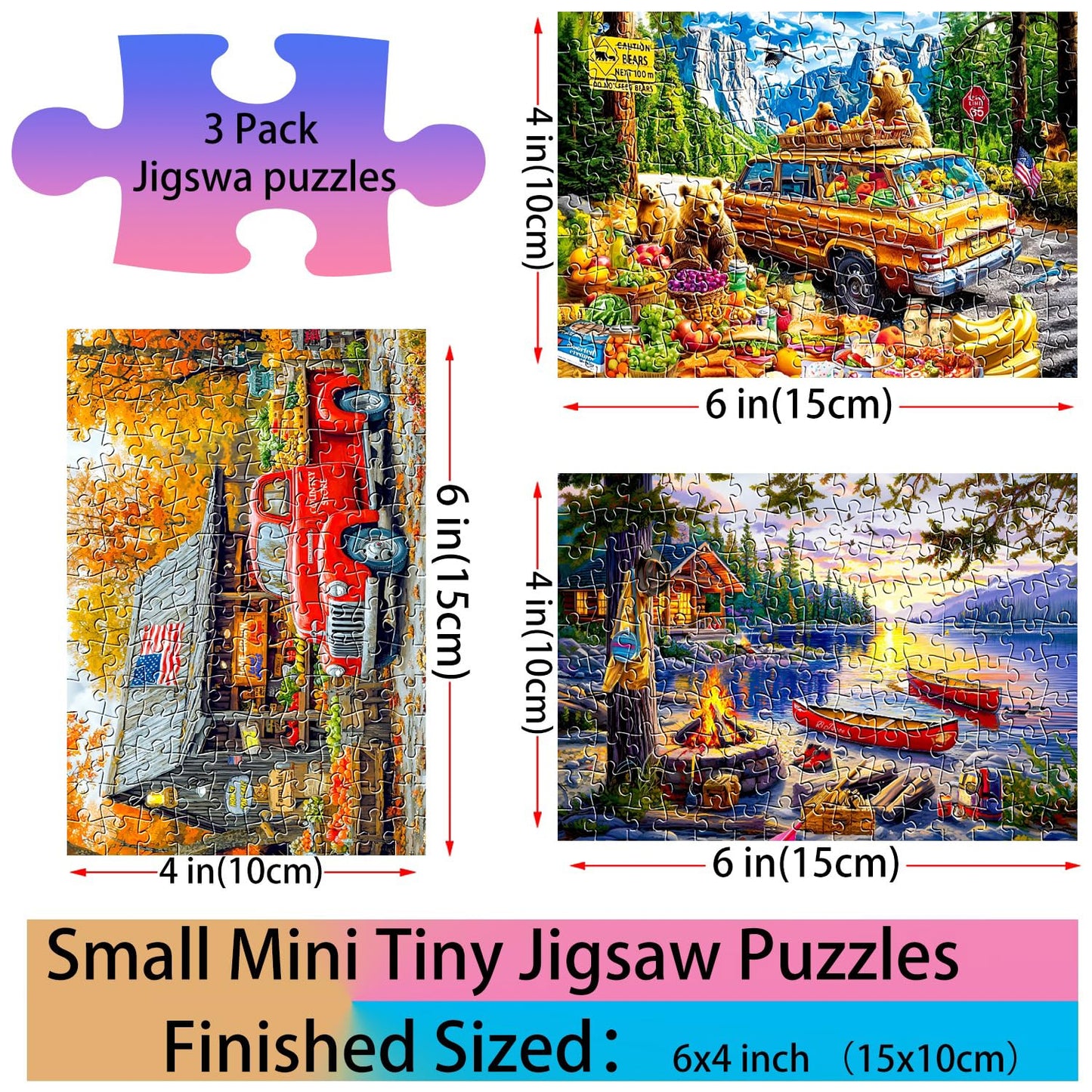 Small Jigsaw Puzzles for Adults 150 Pieces Mini Jigsaw Puzzles Challenging Retro American Illustration Puzzles 6 x 4 Inches, 3 Pcs,Mini Easel Included