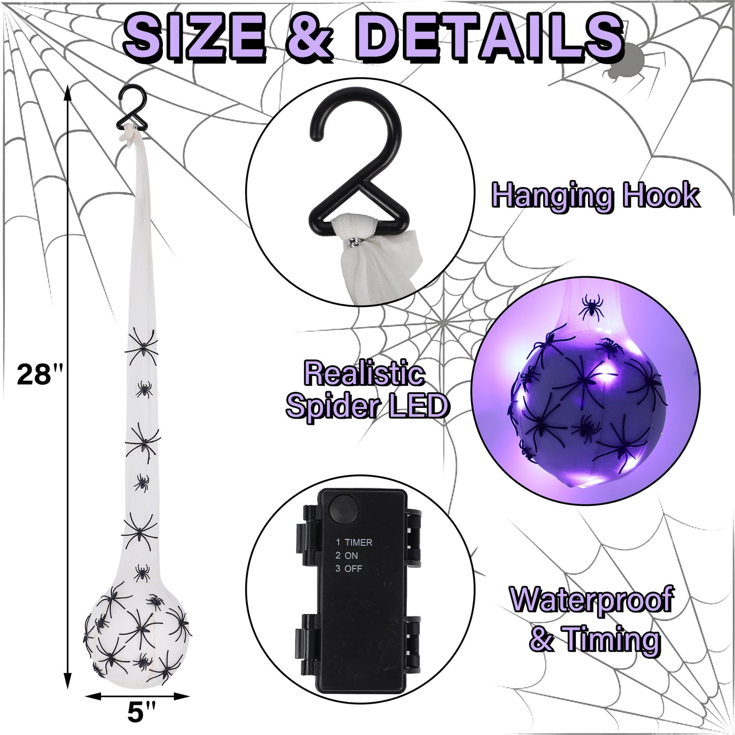DR.DUDU 3 Pack Hanging Halloween Decorations Outdoor Giant Spider Egg 5"x28", Light Up Spider Webs with Purple LED Lights, Waterproof for Halloween Props Party Gifts, Yard Garden Tree House Décor