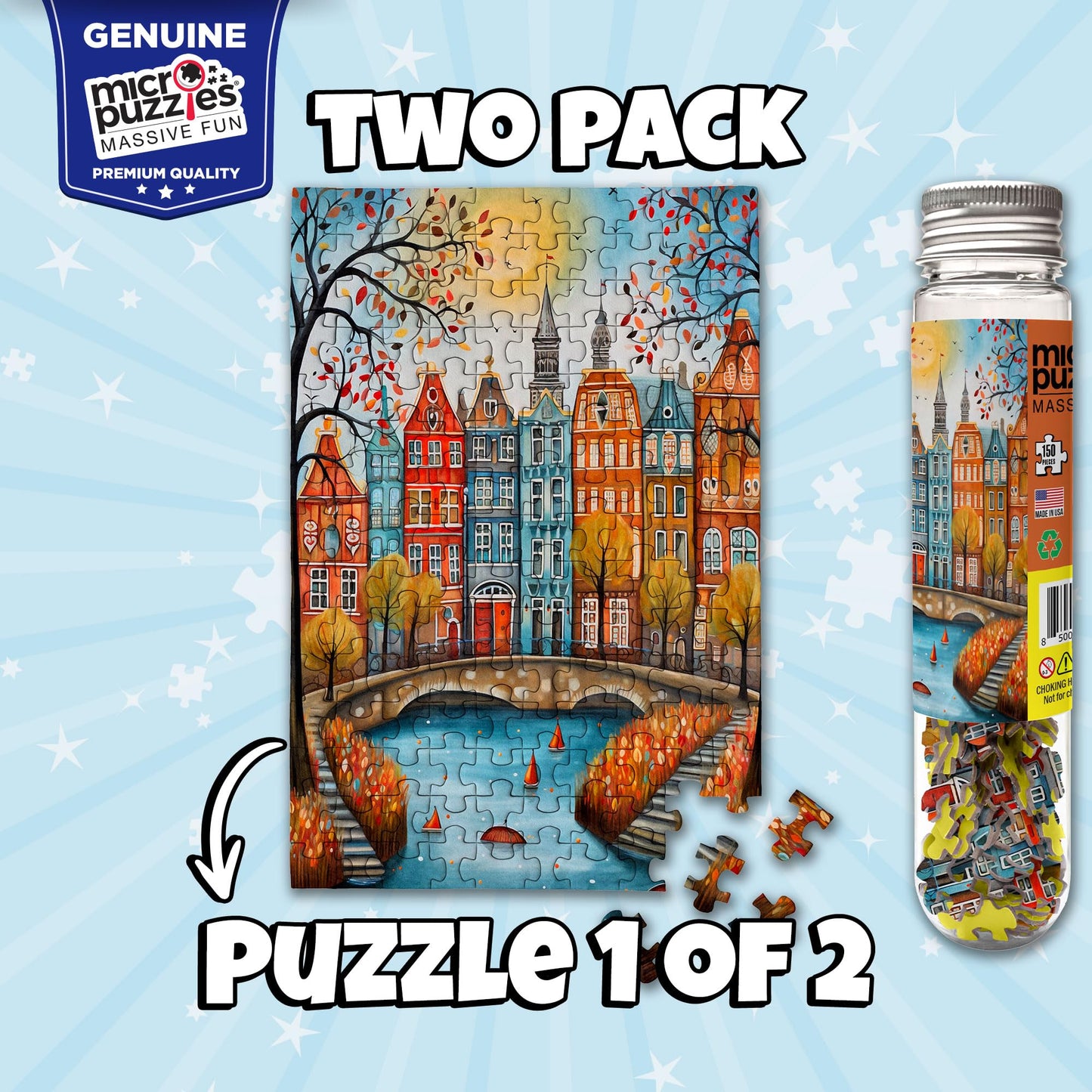 MicroPuzzles “City & Moon Scape” Mini Jigsaw Puzzle 2-Pack – 150-Piece Night-Skyline Travel 4×6 in Puzzle Gift | Made in USA | Small Business