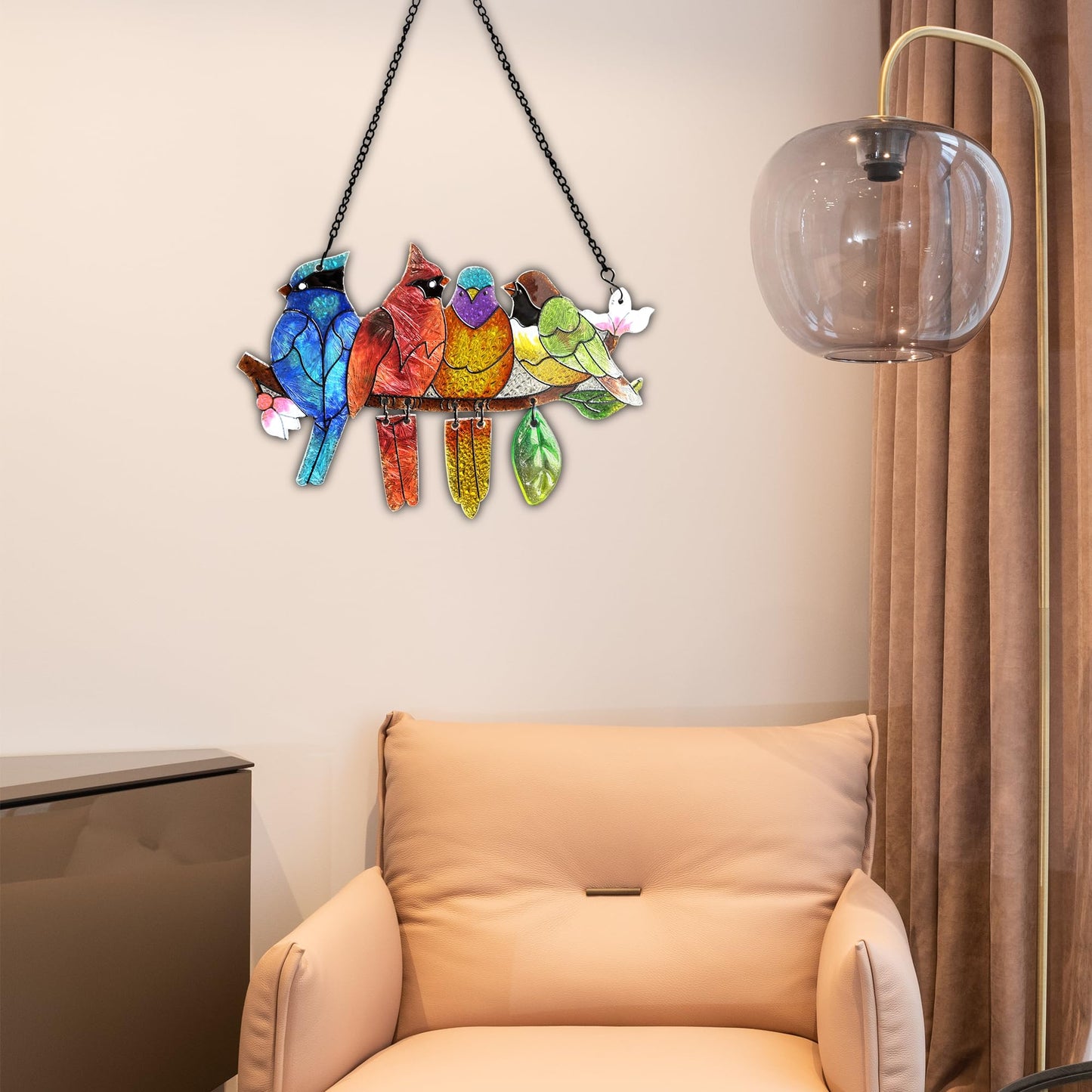 DASTOLL Stained Glass Window Hanging - Hummingbird on Branch Suncatcher Hand-Painted Double Side Stain Glass Cardinal Gifts Sun Catcher for Windows Doors Room Outdoor Home Decoration