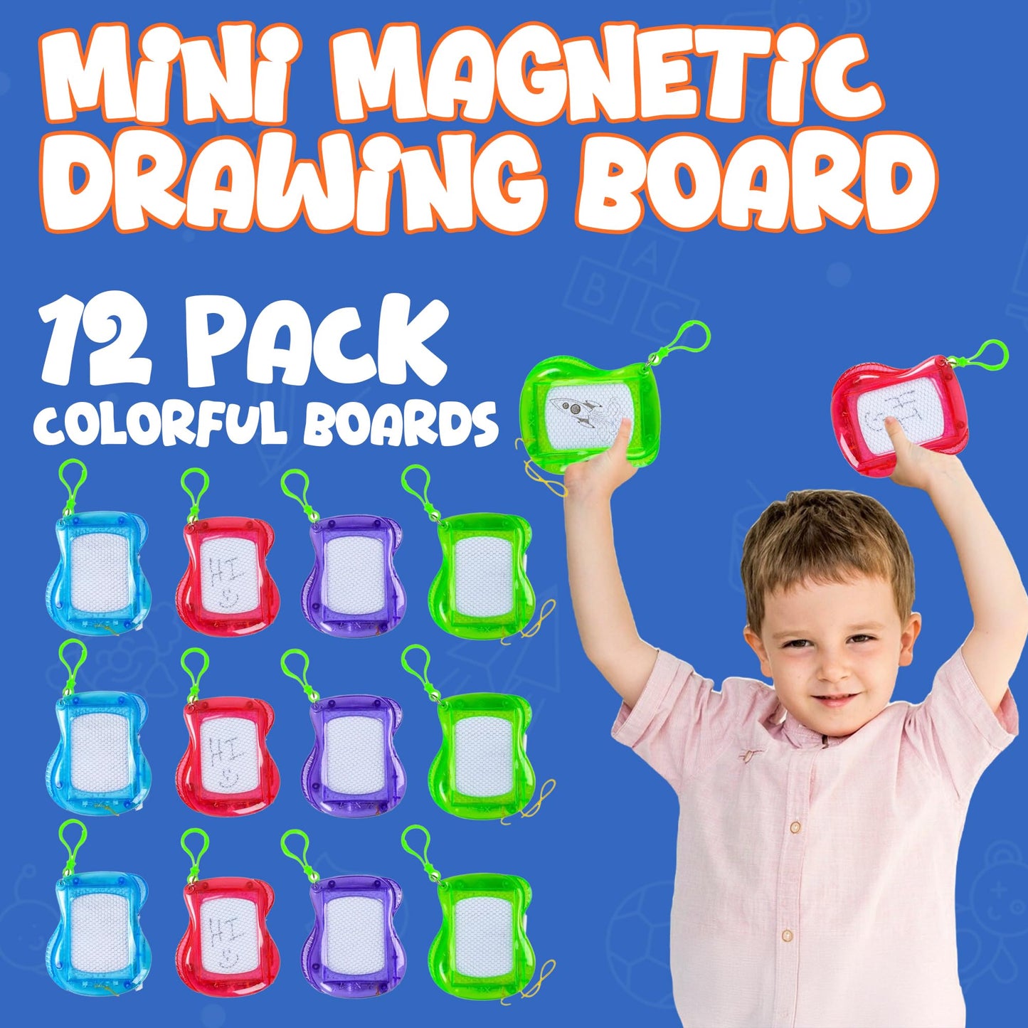Bedwina Mini Magnetic Drawing Board for Kids - (Pack of 12) Backpack Keychain Clip Drawing Boards, Erasable Doodle Sketch Writing Pad Boys & Girls, Birthday Kids Party Favors