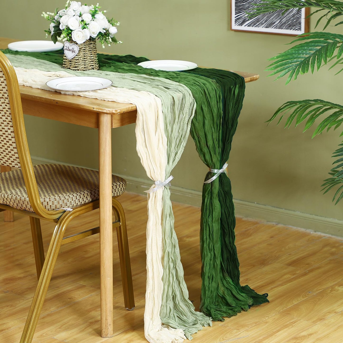 Remagr 12 Pcs Cheesecloth Gauze Table Runners Boho Wedding Decor Rustic Sheer Runner for Wedding Table Bridal Shower Birthday Party Decorations(Gradient Green,12 Pcs)