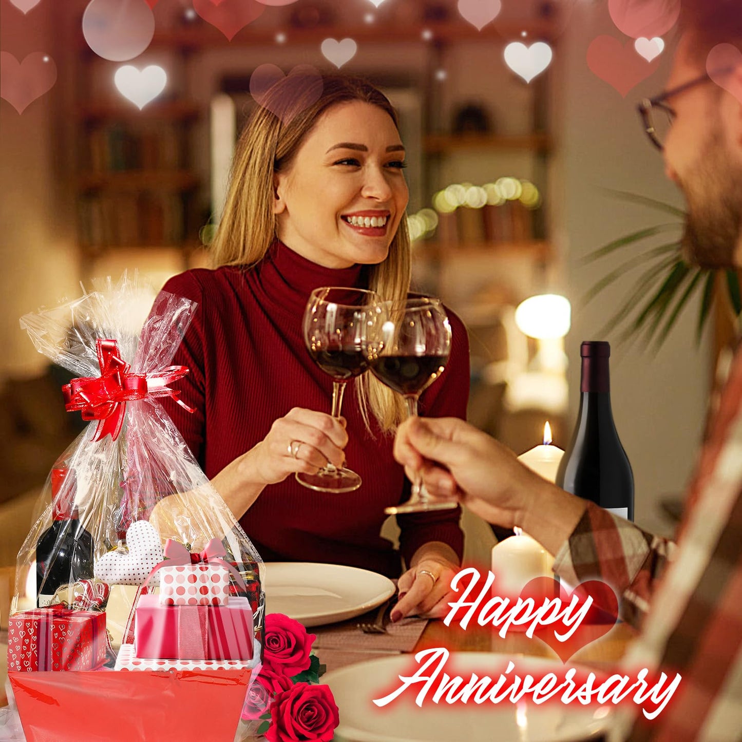 MADHOLLY 6Set Baskets for Gifts Empty- Sturdy Kraft Gift Basket Kit with Cellophane Wrap and Pull Bows for Valentine's Day Anniversary Wedding Holiday Gift Celebration Wrapping, Red