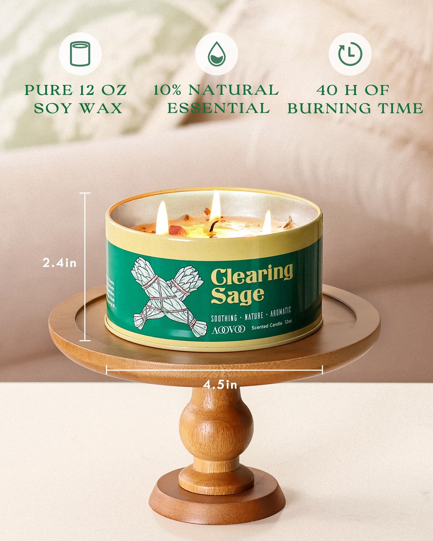 AOOVOO Sage Candle for Cleansing - 3 Wick 12oz Large Scented Candle with Crystals & Sage Leaves Inside, Soy Candles Non Toxic for Meditation Spiritual Gift, Aromatherapy Candle for Women Men