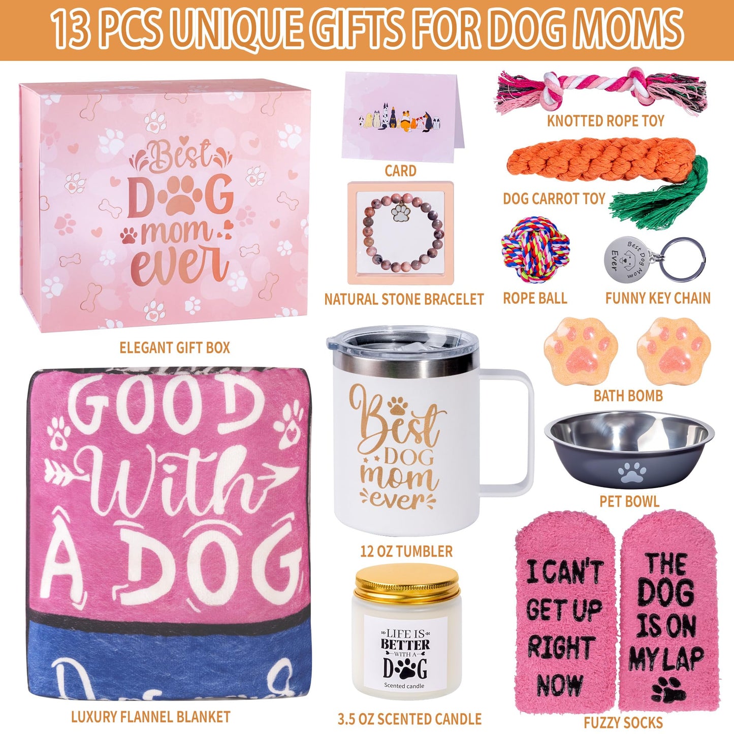 13Pcs Best Dog Mom Gifts for Women, Gift Baskets, Unique Dog Mom Birthday Gifts for Dogs Lovers, with Luxurious Flannel Blankets Gift for Owners for Birthdays, Christmas, and Mother's Day